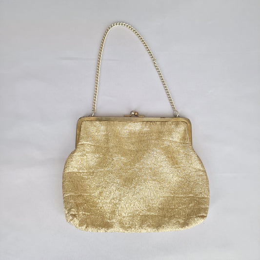 Vintage 1970s Gold Silver Lame Evening Bag Clutch Metal Frame Geometric Clasp