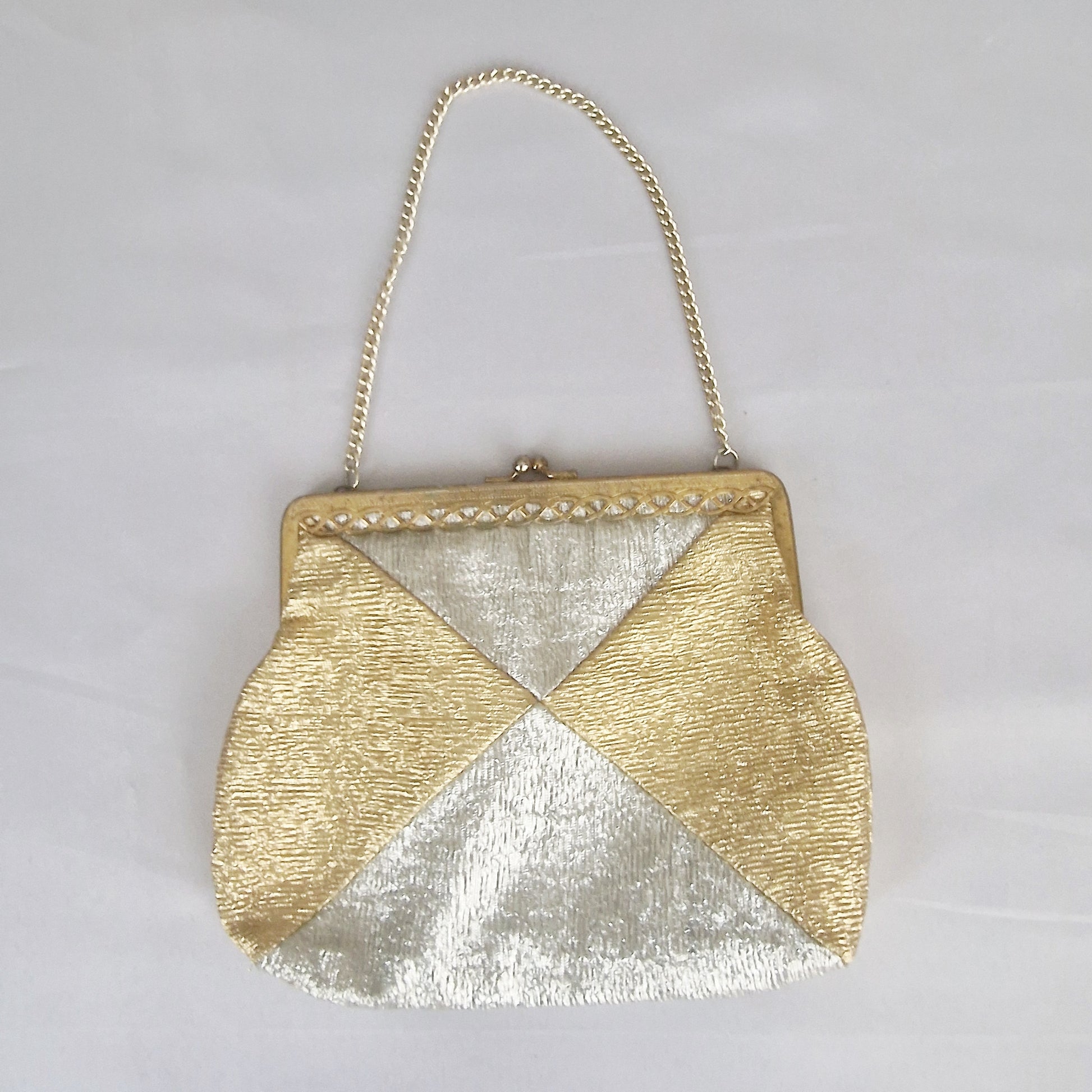 Vintage 1970s Gold Silver Lame Evening Bag Clutch Metal Frame Geometric Clasp – photo 5