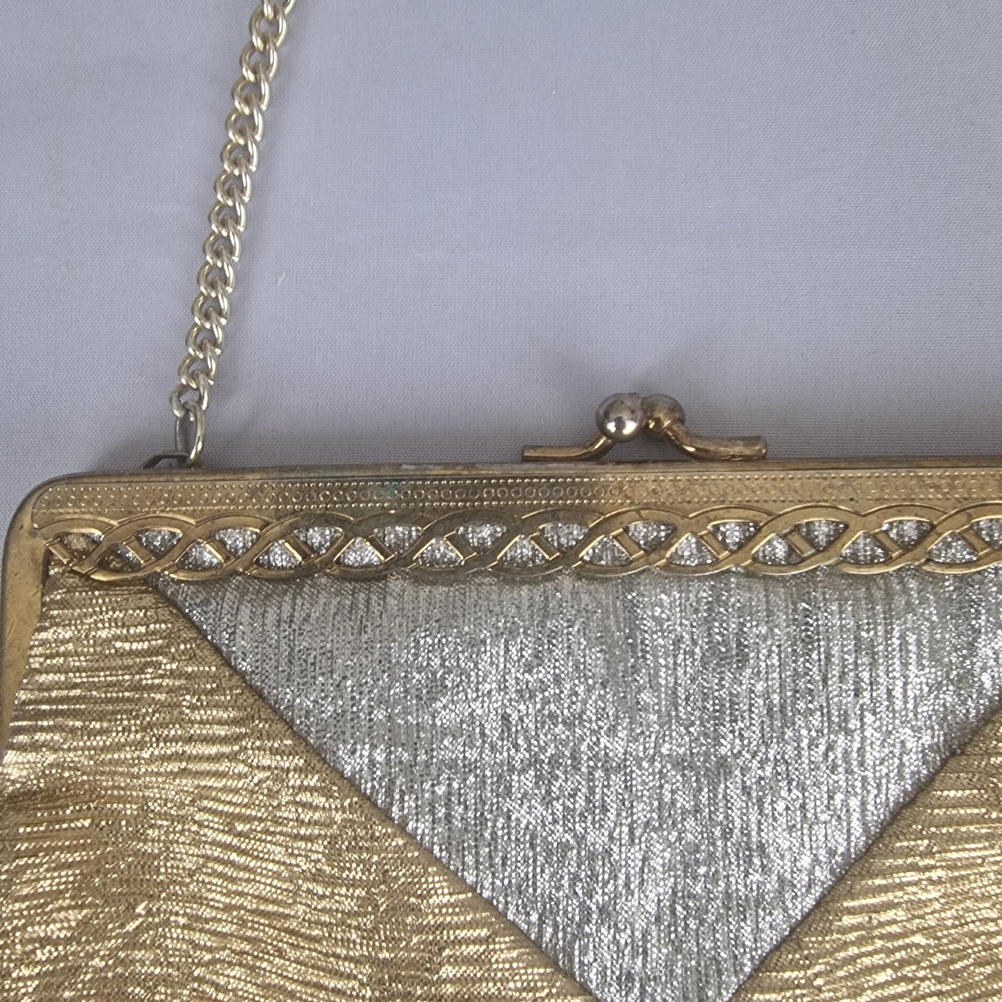 Vintage 1970s Gold Silver Lame Evening Bag Clutch Metal Frame Geometric Clasp – photo 6