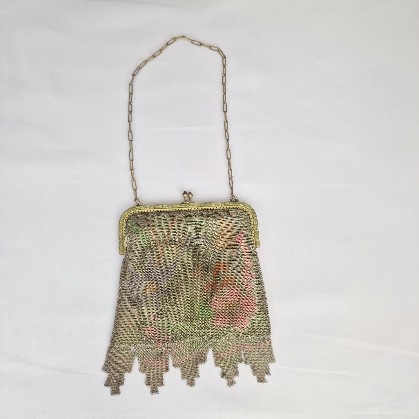 Vintage 1920s Gold-Tone Metal Mesh Evening Clutch Floral Painted Art Deco Frame