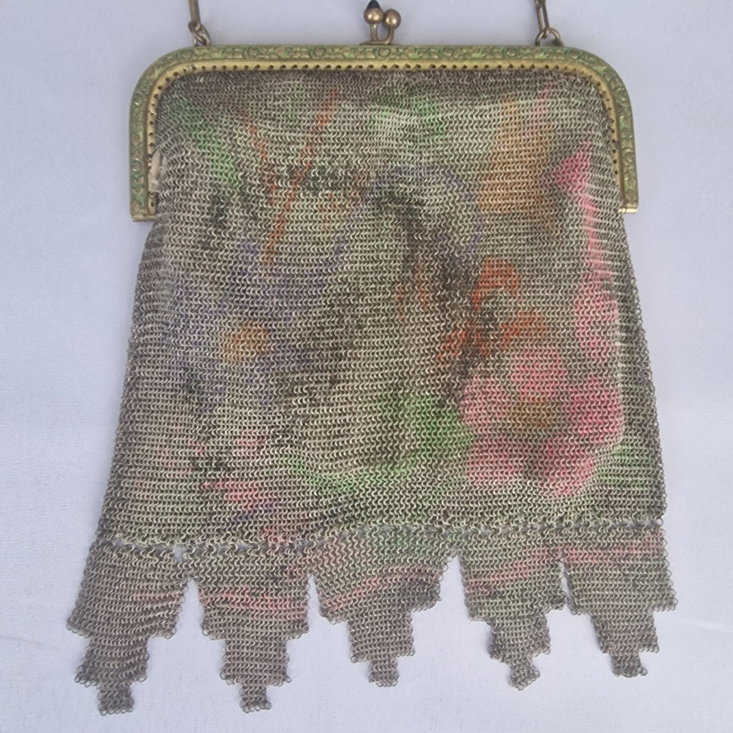 Vintage 1920s Gold-Tone Metal Mesh Evening Clutch Floral Painted Art Deco Frame – photo 2
