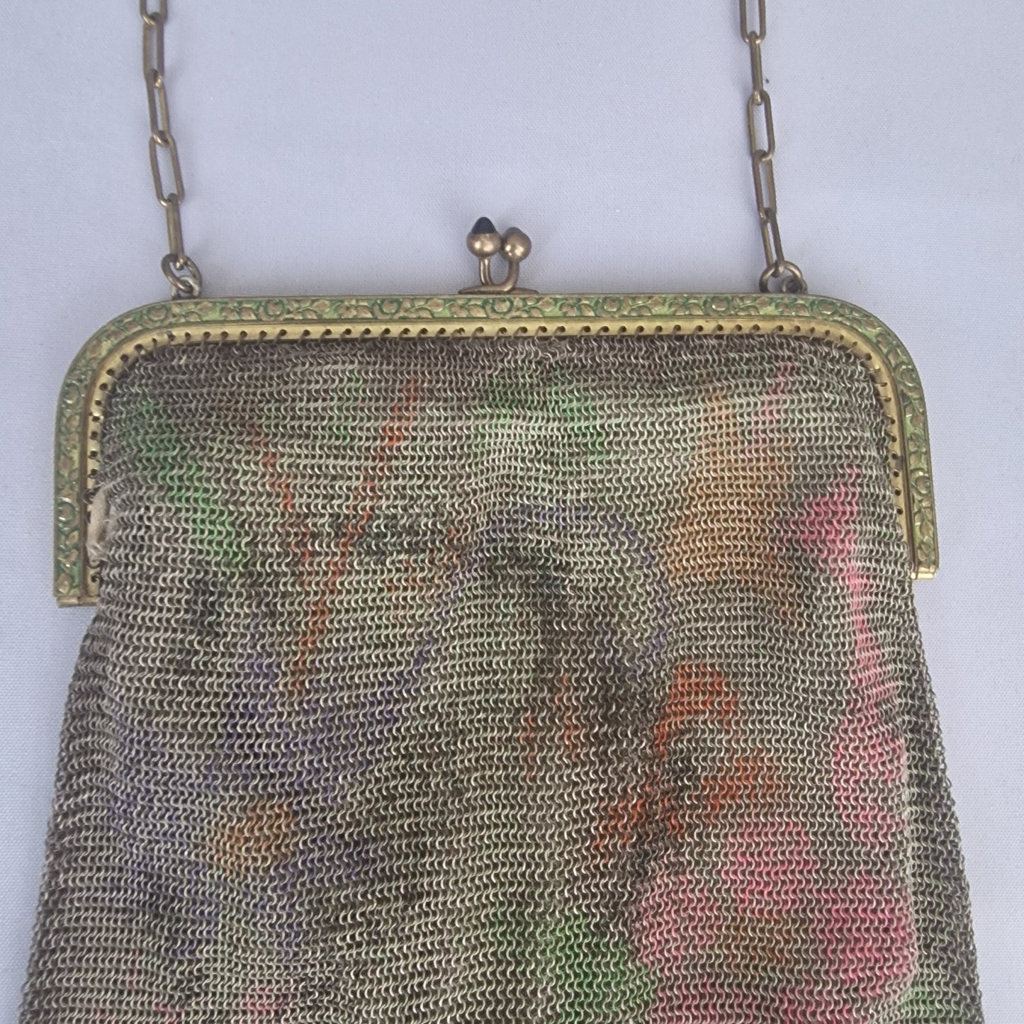 Vintage 1920s Gold-Tone Metal Mesh Evening Clutch Floral Painted Art Deco Frame – photo 3