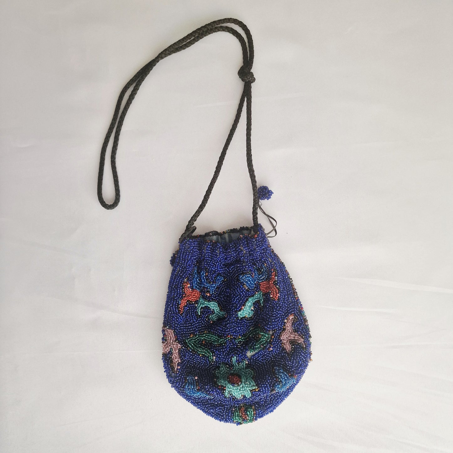 Vintage 1930s Cobalt Blue Beaded Drawstring Evening Bag Hand-Sewn Floral Pouch