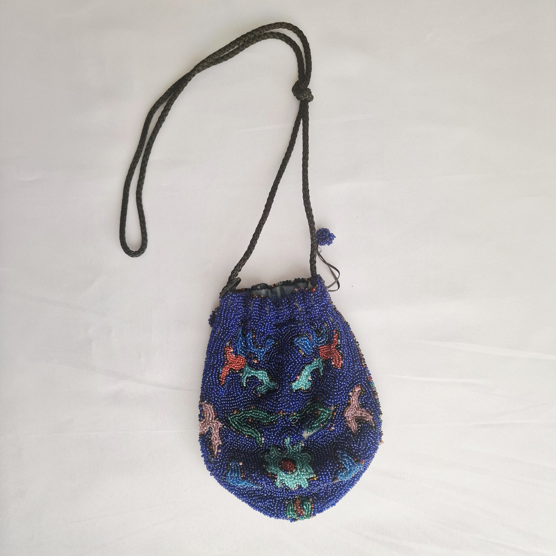 Vintage 1930s Cobalt Blue Beaded Drawstring Evening Bag Hand-Sewn Floral Pouch