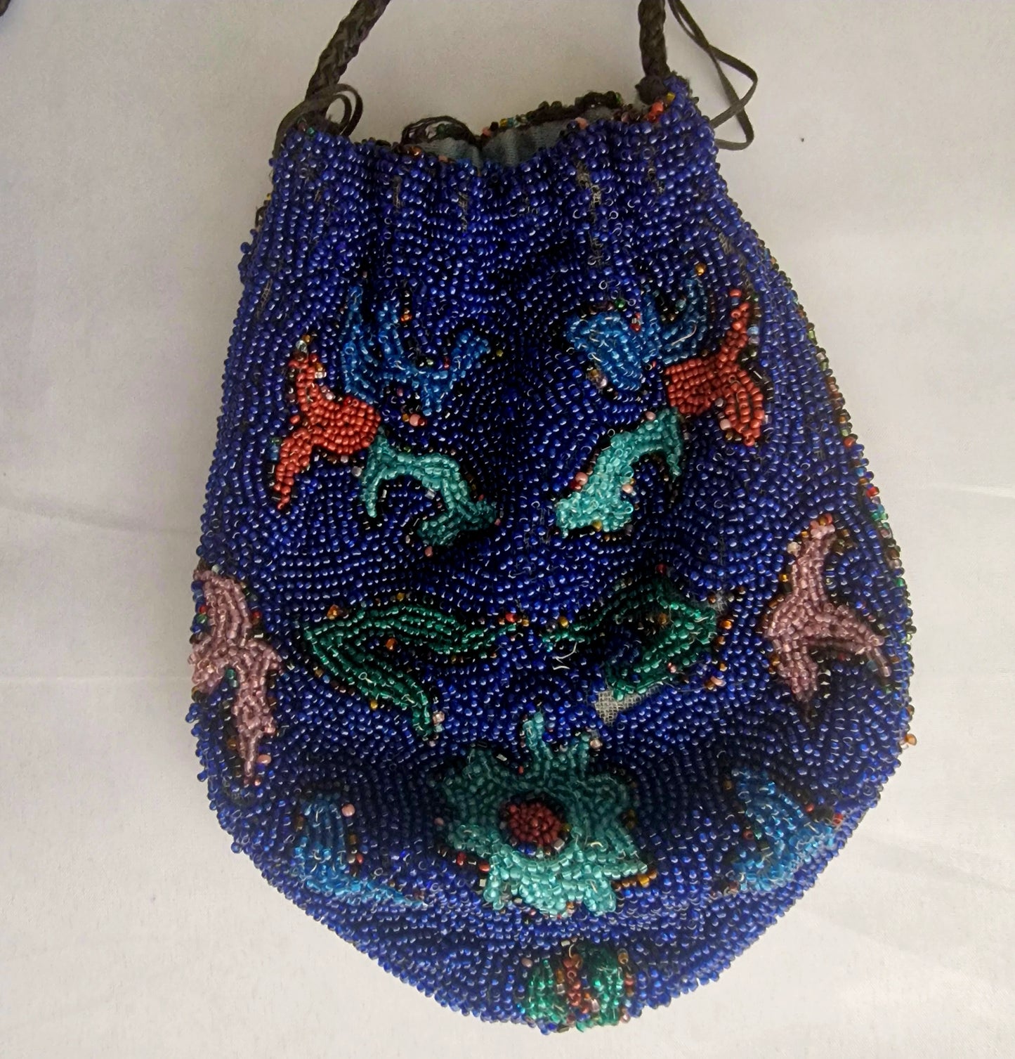Vintage 1930s Cobalt Blue Beaded Drawstring Evening Bag Hand-Sewn Floral Pouch – photo 2