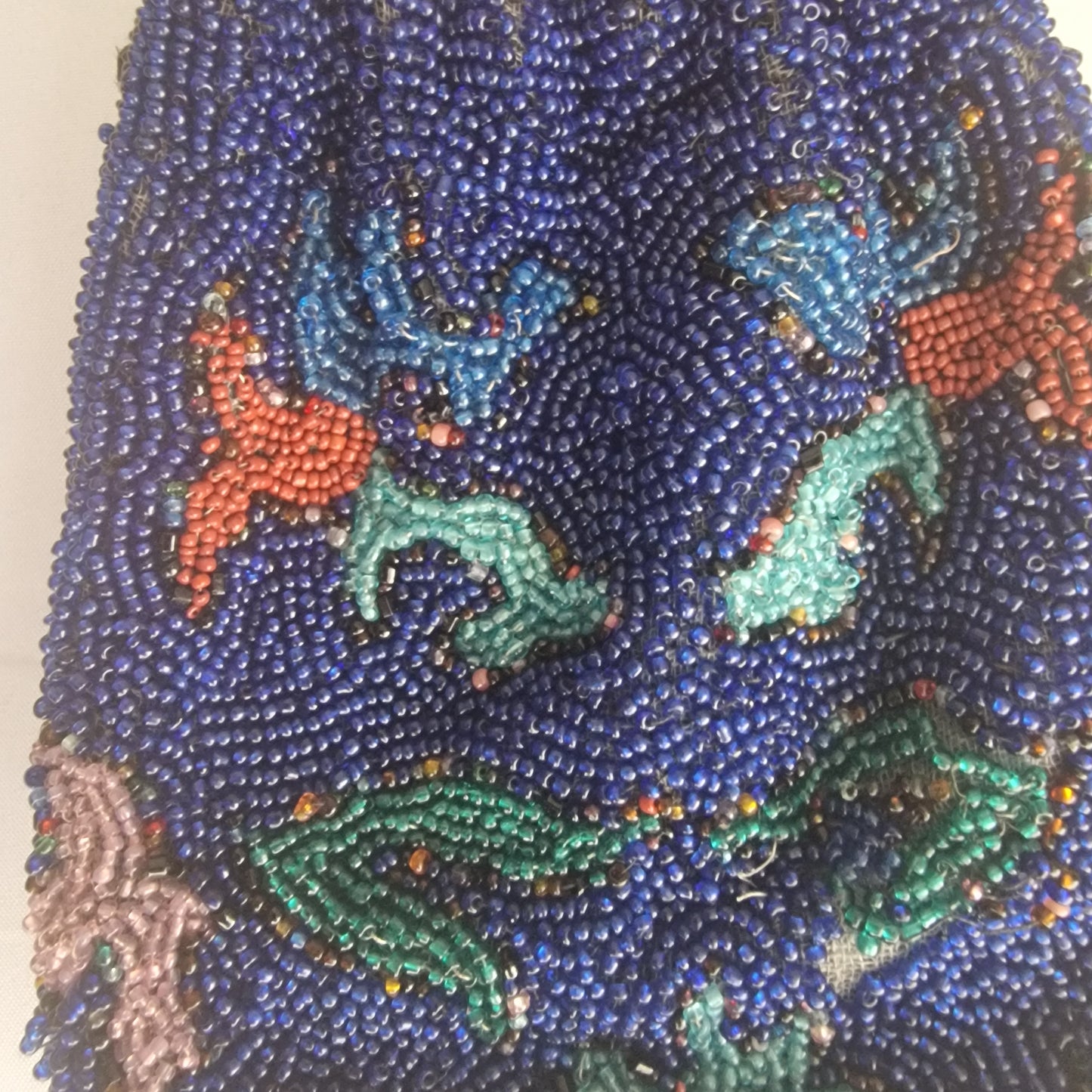 Vintage 1930s Cobalt Blue Beaded Drawstring Evening Bag Hand-Sewn Floral Pouch – photo 3