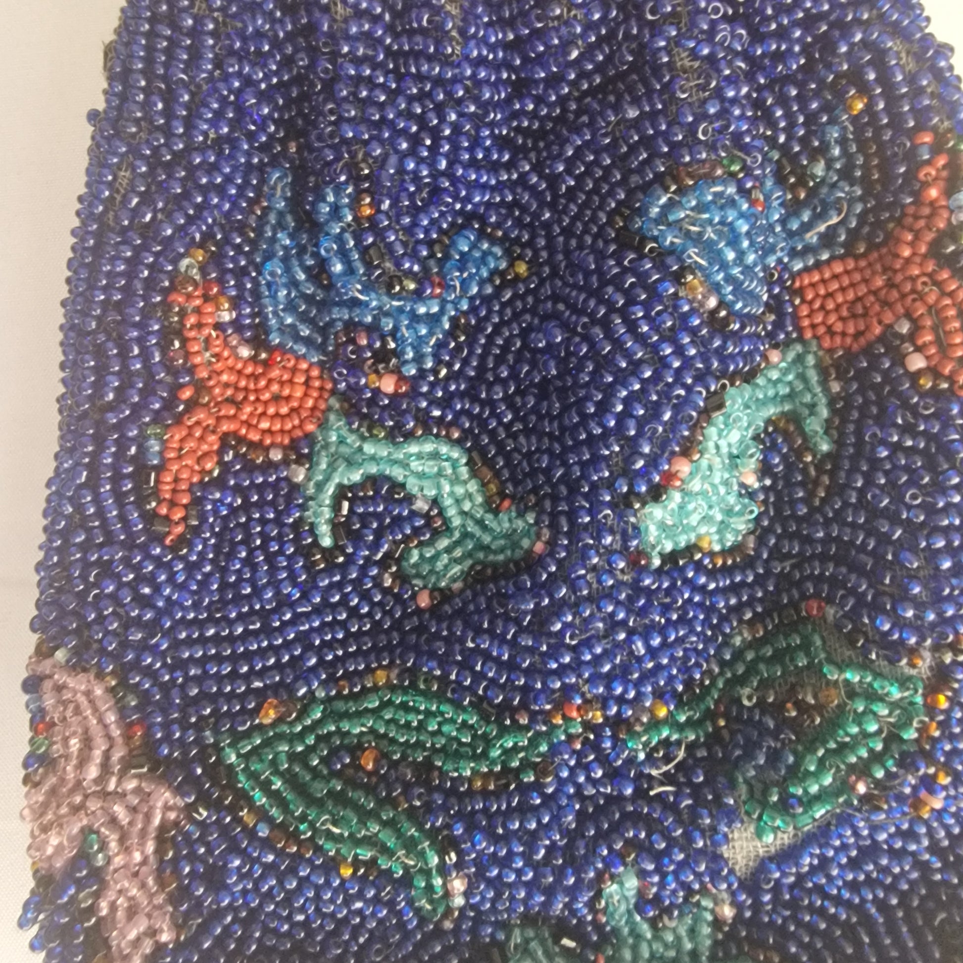 Vintage 1930s Cobalt Blue Beaded Drawstring Evening Bag Hand-Sewn Floral Pouch – photo 3