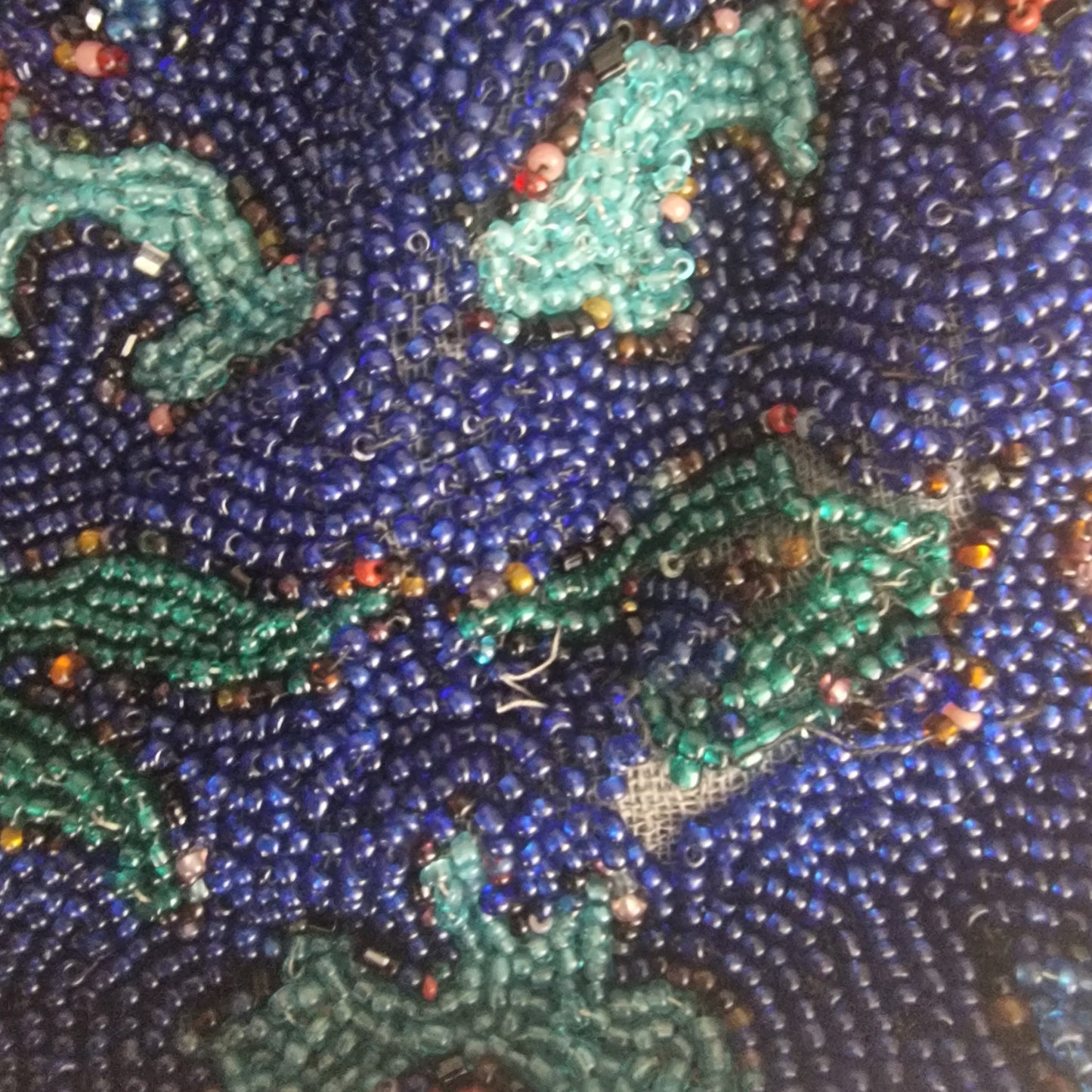 Vintage 1930s Cobalt Blue Beaded Drawstring Evening Bag Hand-Sewn Floral Pouch – photo 4
