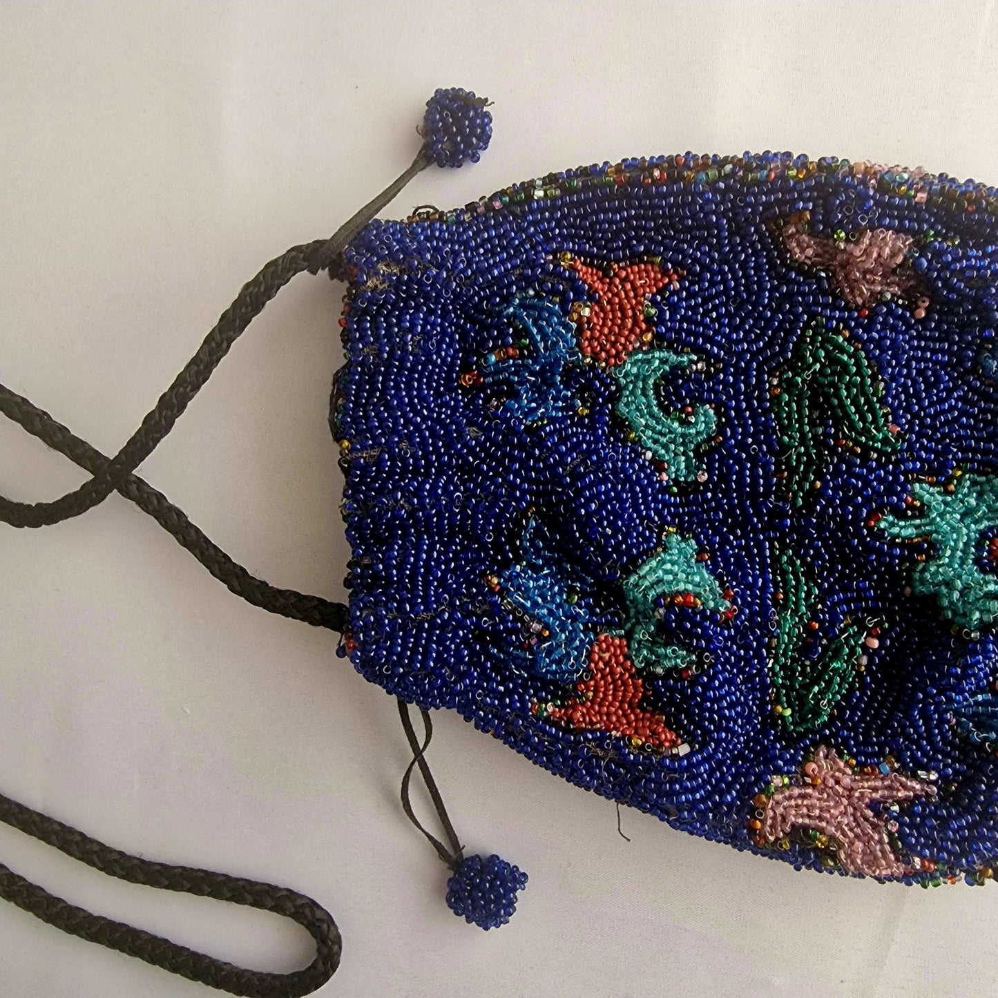 Vintage 1930s Cobalt Blue Beaded Drawstring Evening Bag Hand-Sewn Floral Pouch – photo 5