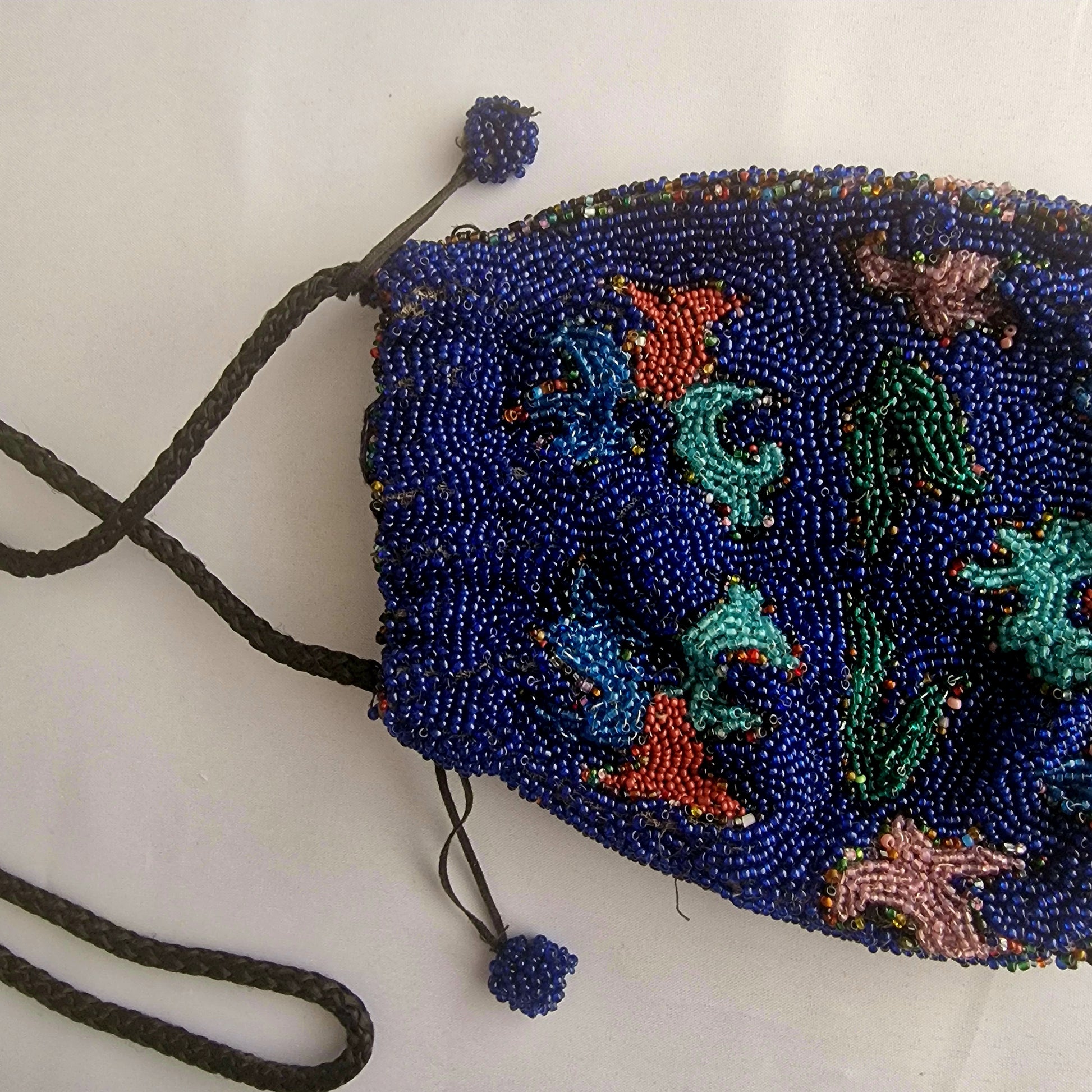 Vintage 1930s Cobalt Blue Beaded Drawstring Evening Bag Hand-Sewn Floral Pouch – photo 5