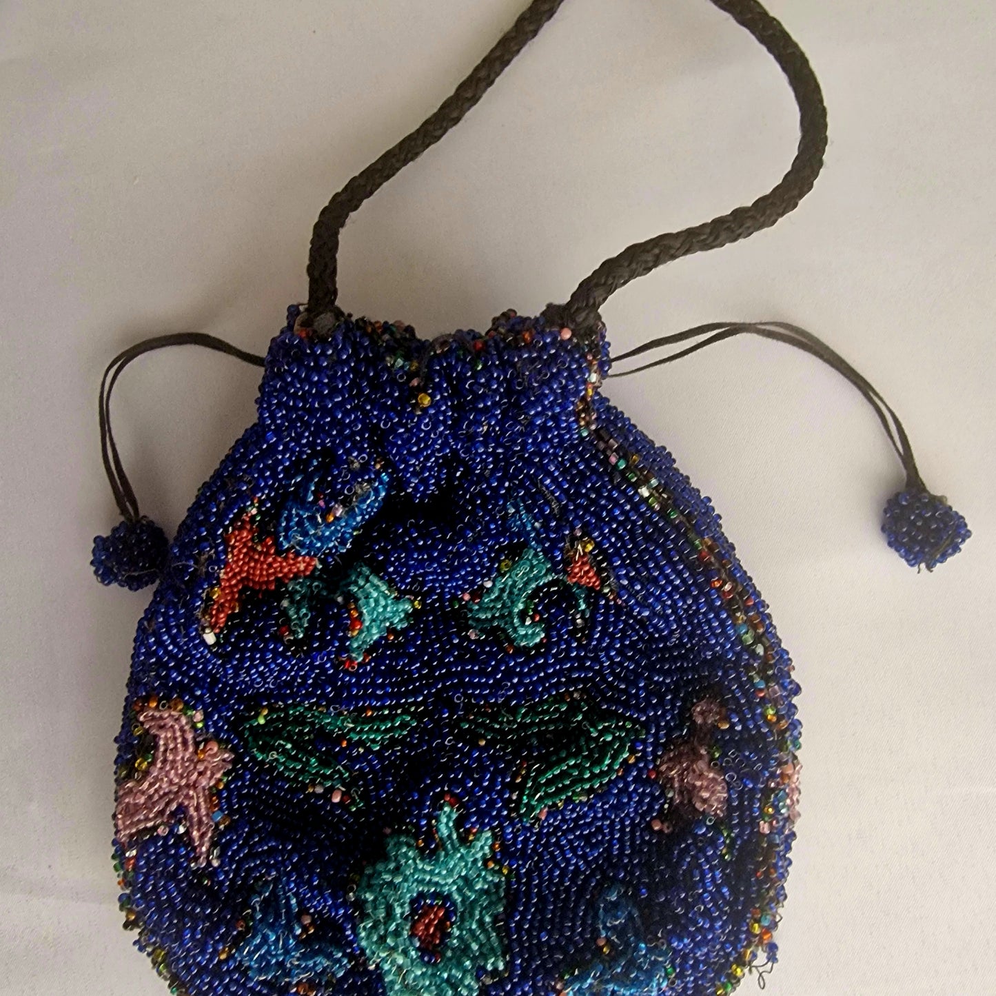 Vintage 1930s Cobalt Blue Beaded Drawstring Evening Bag Hand-Sewn Floral Pouch – photo 6