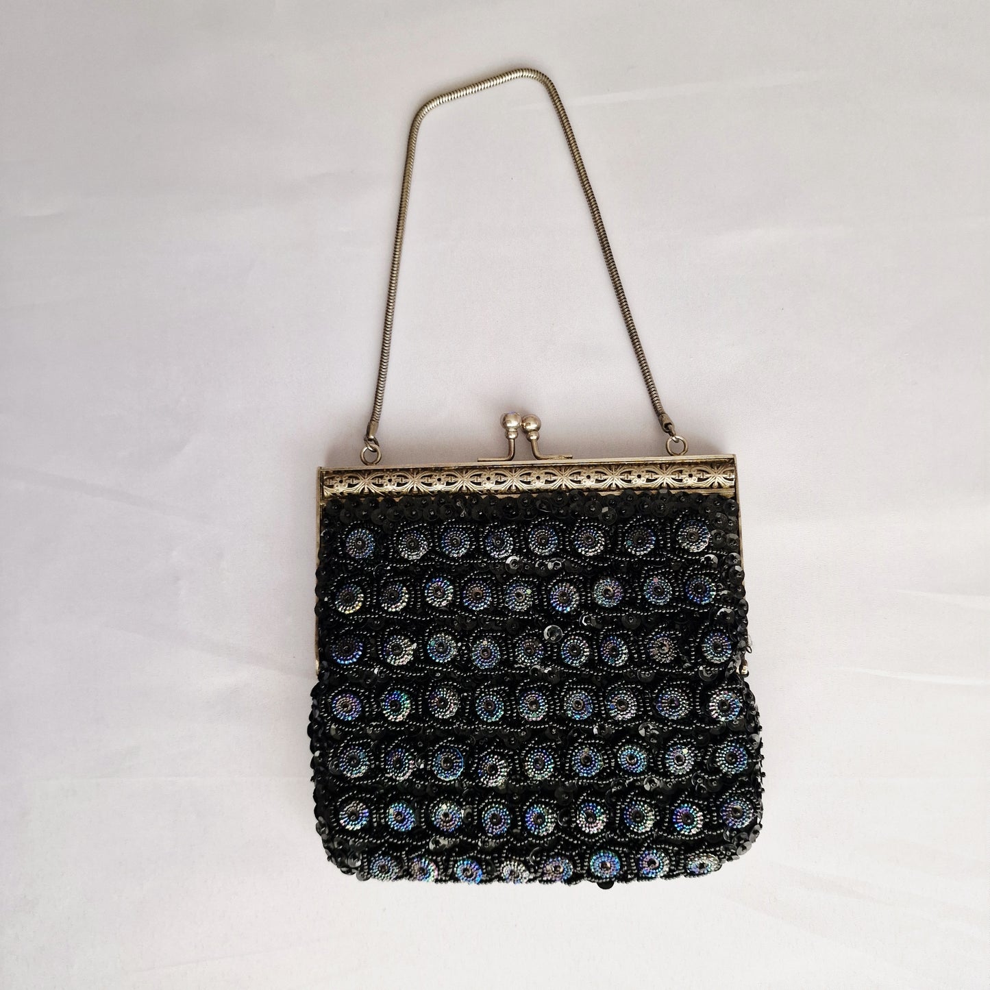 Vintage 1960s Black Beaded Evening Clutch Bag Gold-Tone Aurora Borealis Frame