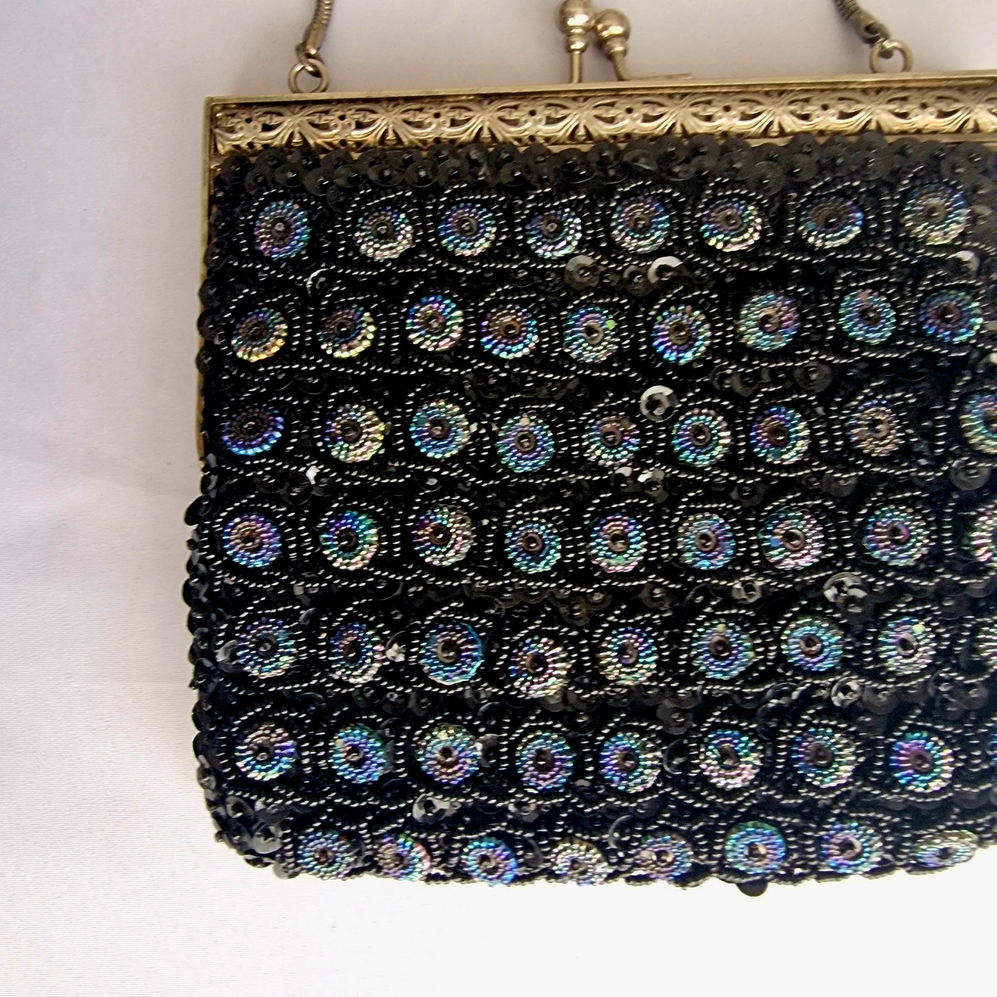 Vintage 1960s Black Beaded Evening Clutch Bag Gold-Tone Aurora Borealis Frame – photo 2