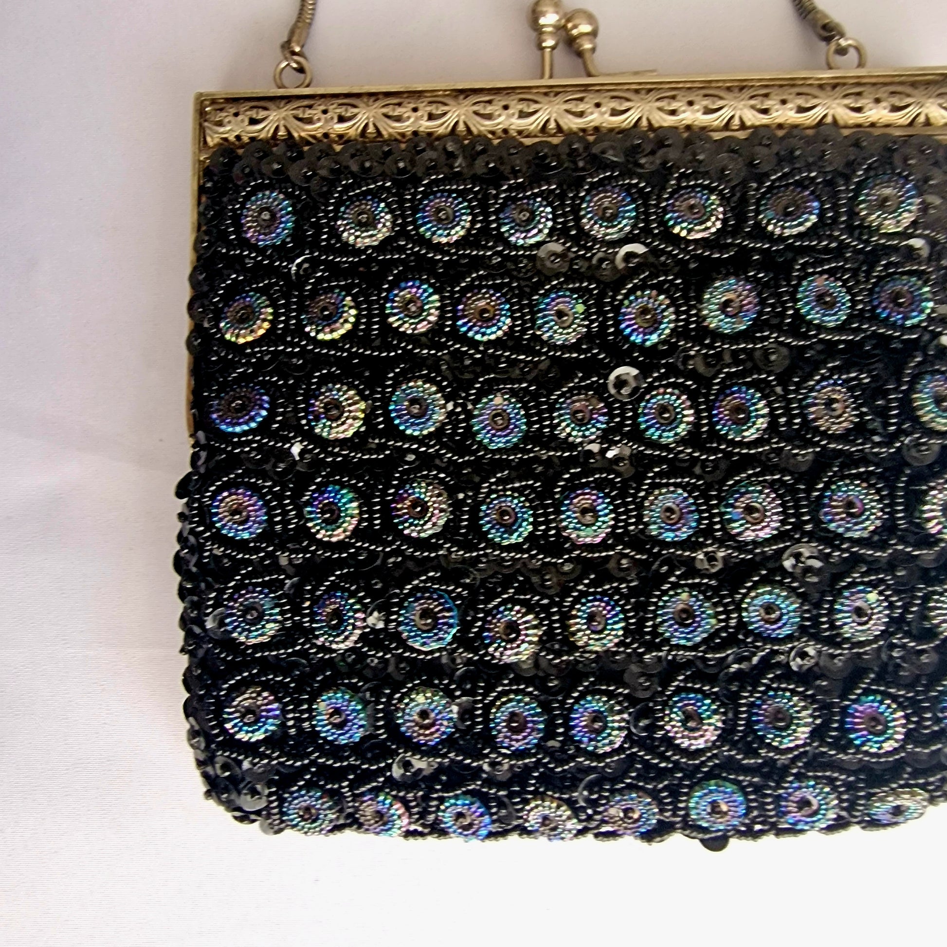 Vintage 1960s Black Beaded Evening Clutch Bag Gold-Tone Aurora Borealis Frame – photo 2
