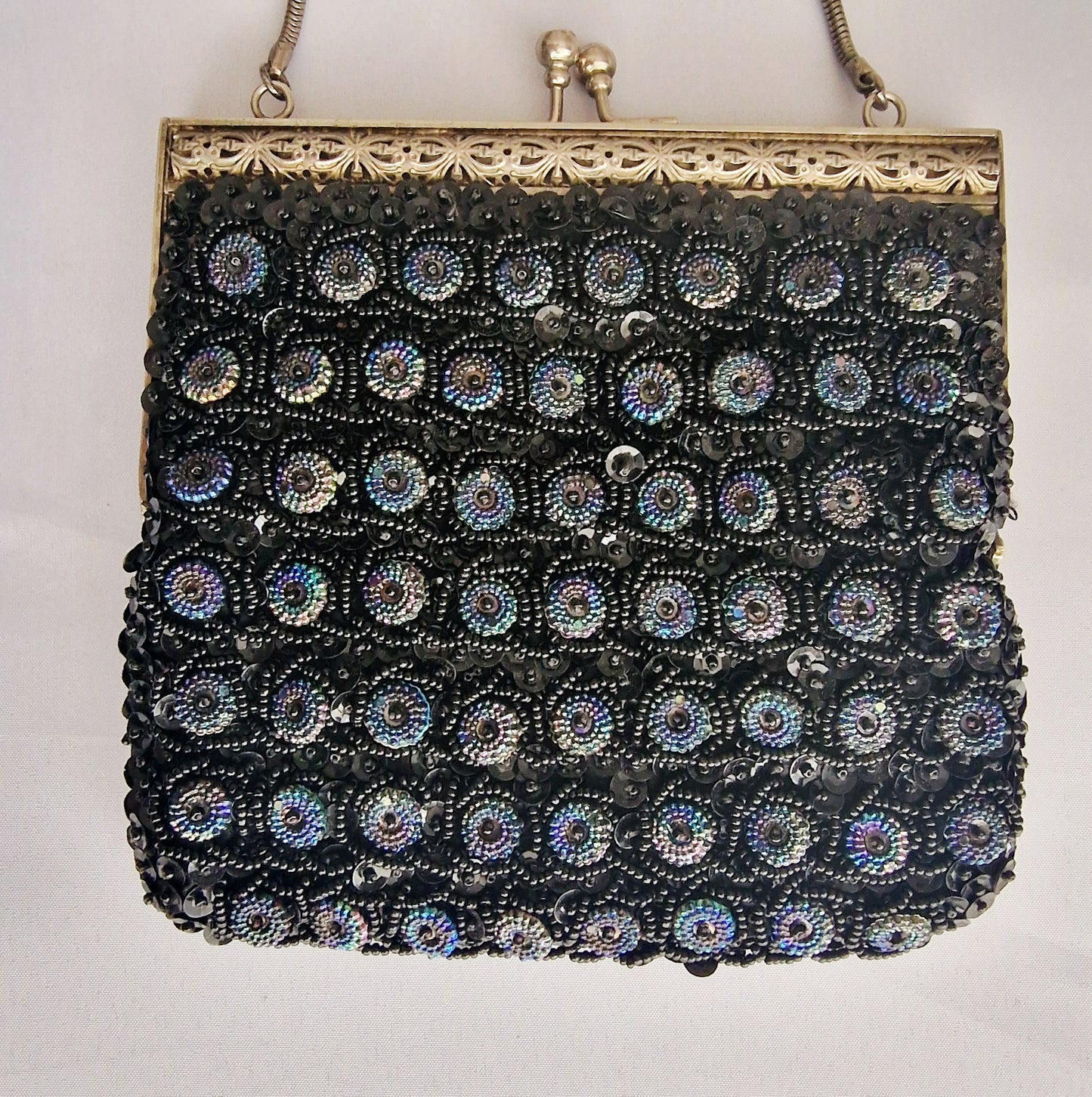 Vintage 1960s Black Beaded Evening Clutch Bag Gold-Tone Aurora Borealis Frame – photo 3