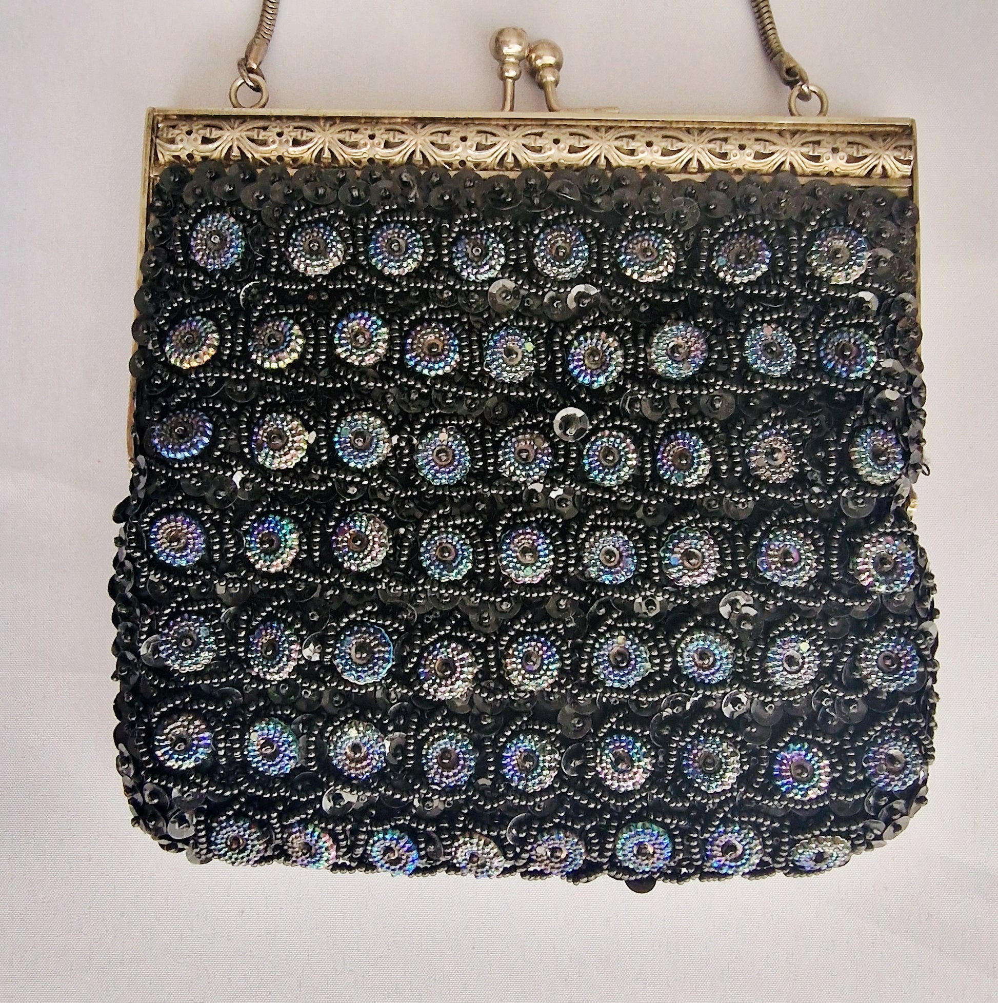 Vintage 1960s Black Beaded Evening Clutch Bag Gold-Tone Aurora Borealis Frame – photo 3