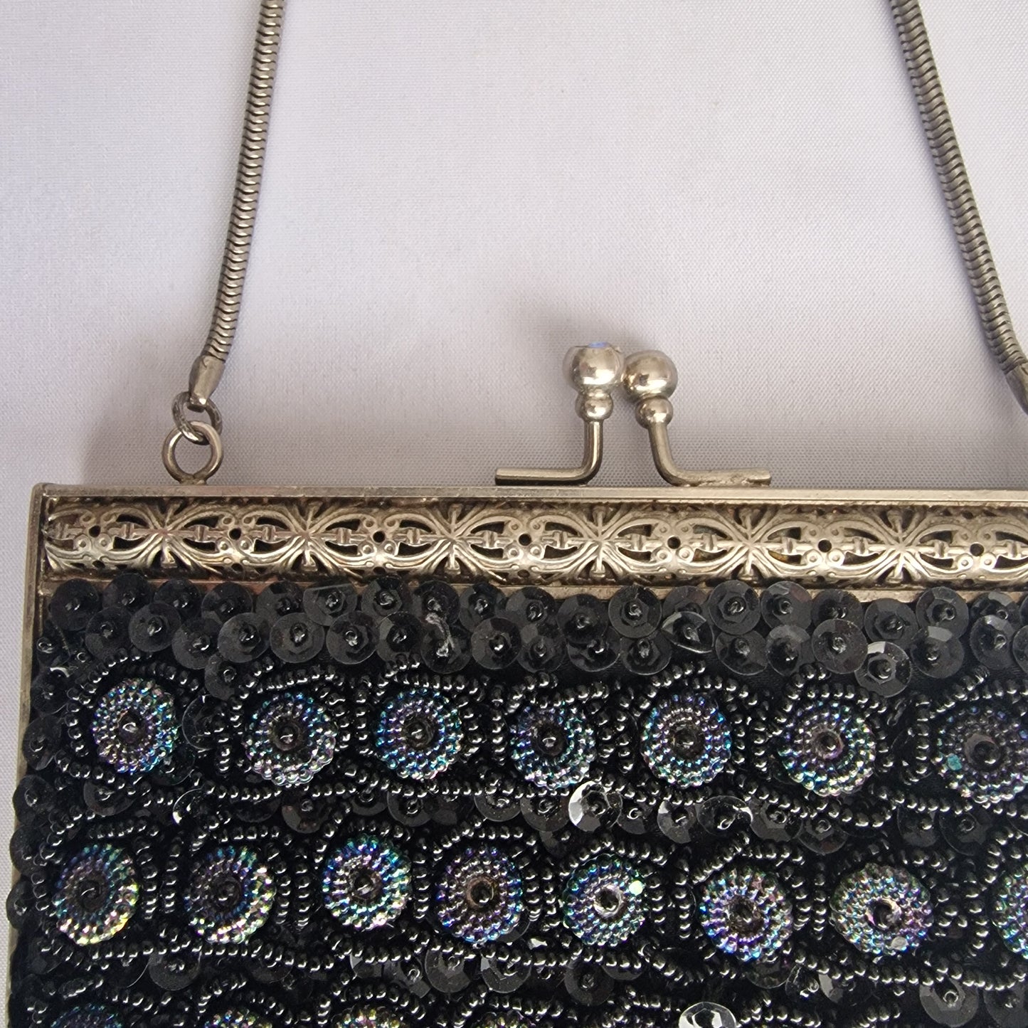 Vintage 1960s Black Beaded Evening Clutch Bag Gold-Tone Aurora Borealis Frame – photo 4