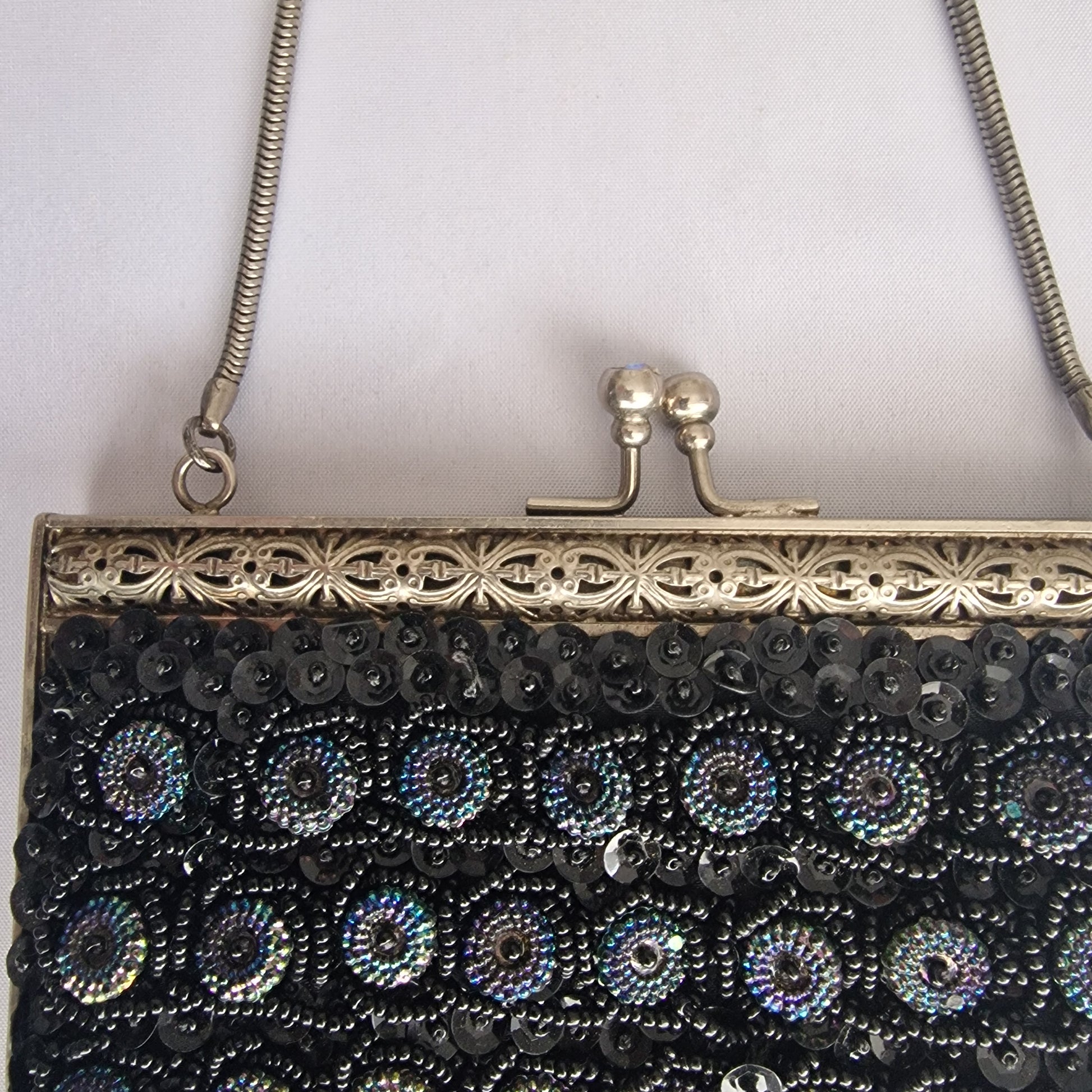 Vintage 1960s Black Beaded Evening Clutch Bag Gold-Tone Aurora Borealis Frame – photo 4