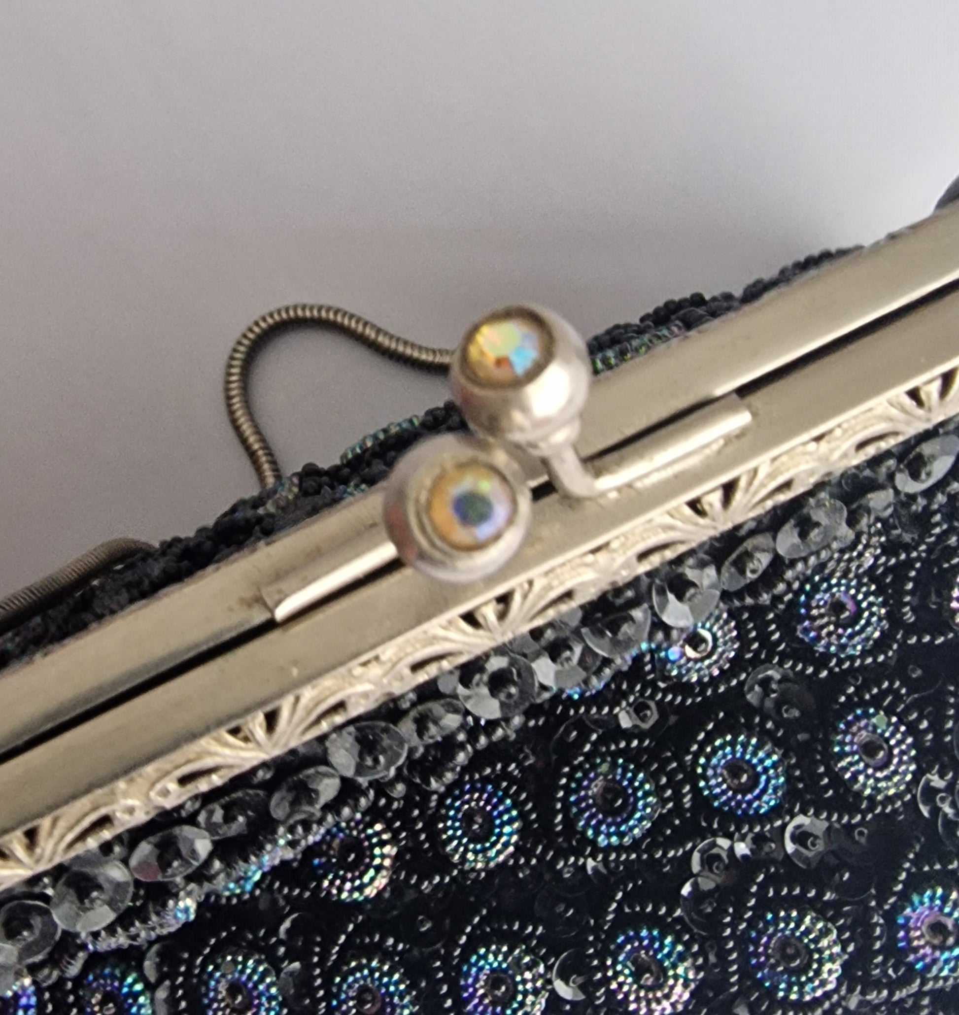 Vintage 1960s Black Beaded Evening Clutch Bag Gold-Tone Aurora Borealis Frame – photo 5