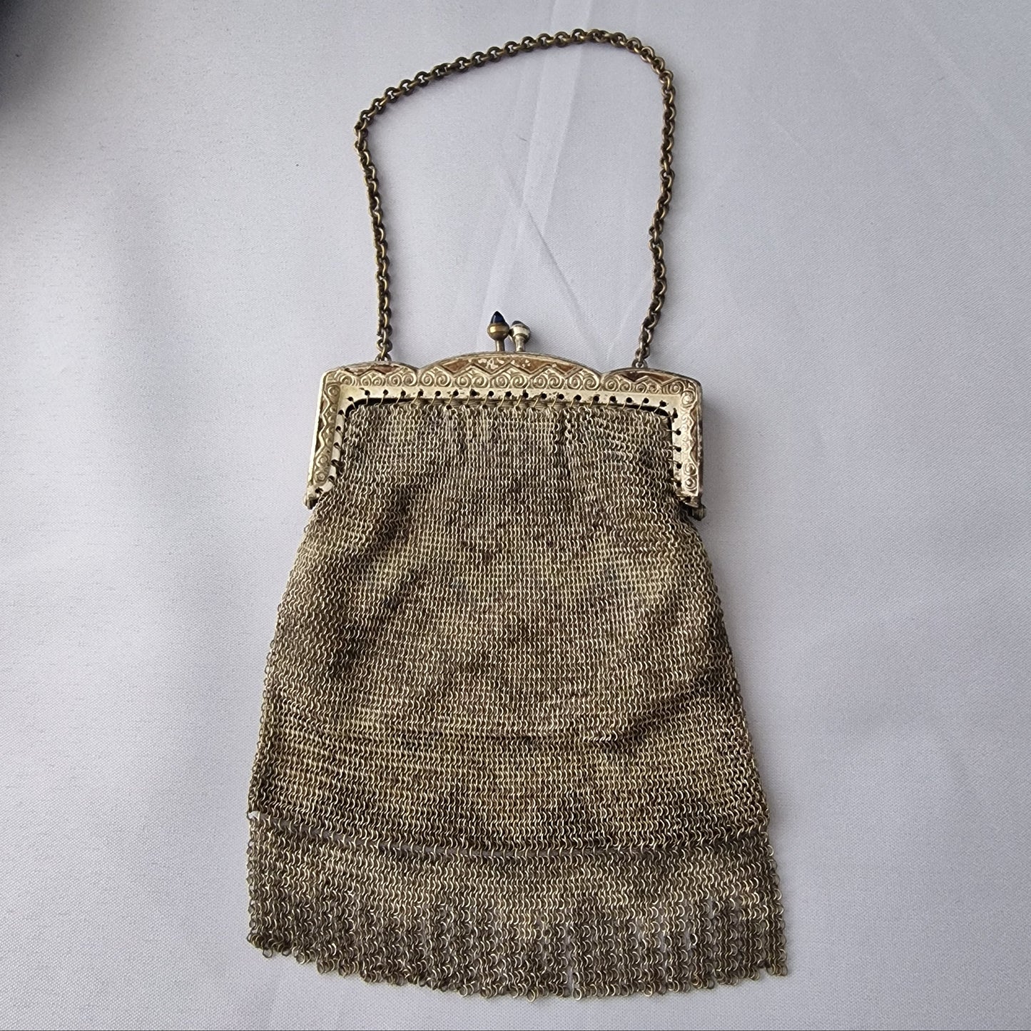 Antique Silver-Tone Metal Mesh Coin Bag Edwardian Chain Handle Blue Stone Clasp