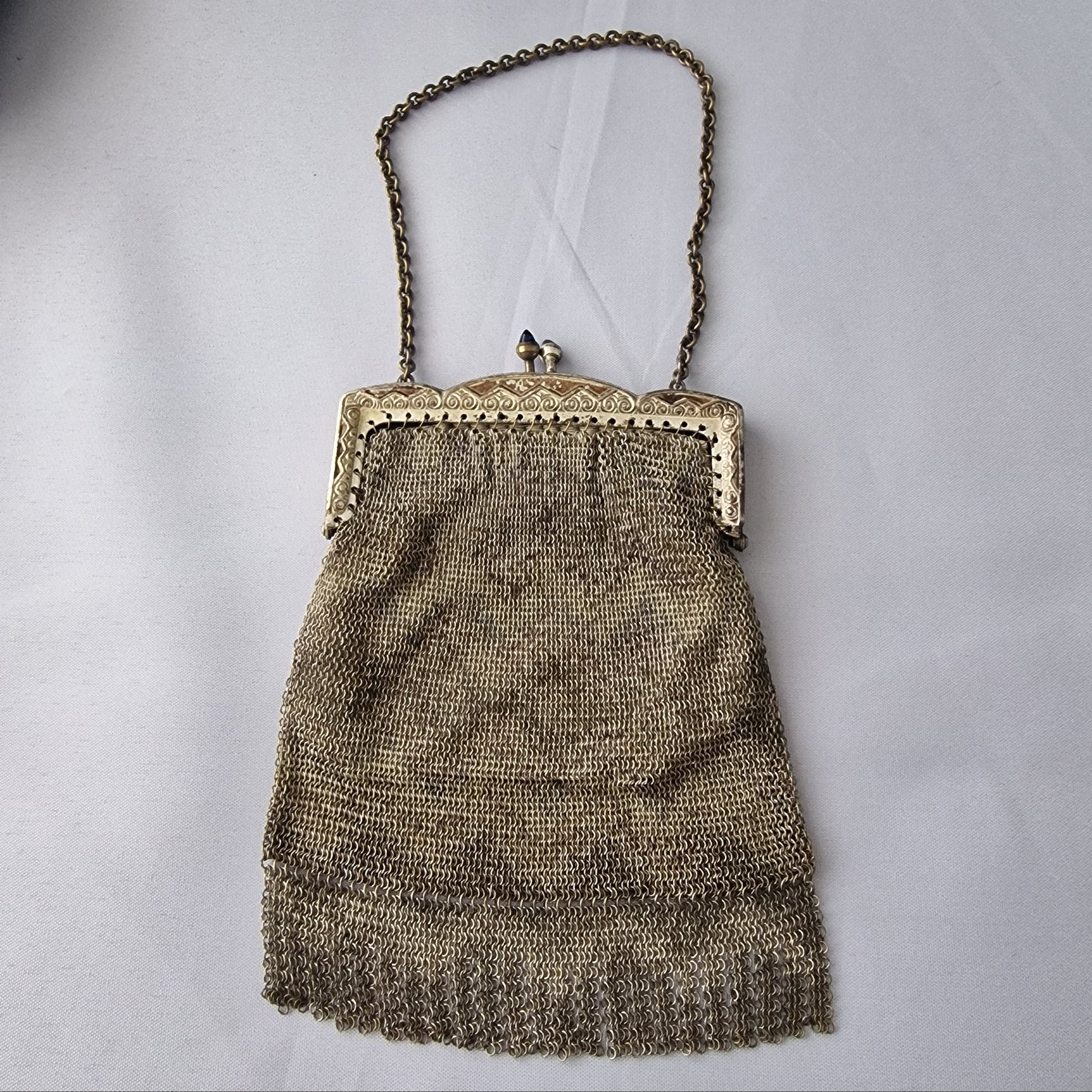 Antique Silver-Tone Metal Mesh Coin Bag Edwardian Chain Handle Blue Stone Clasp