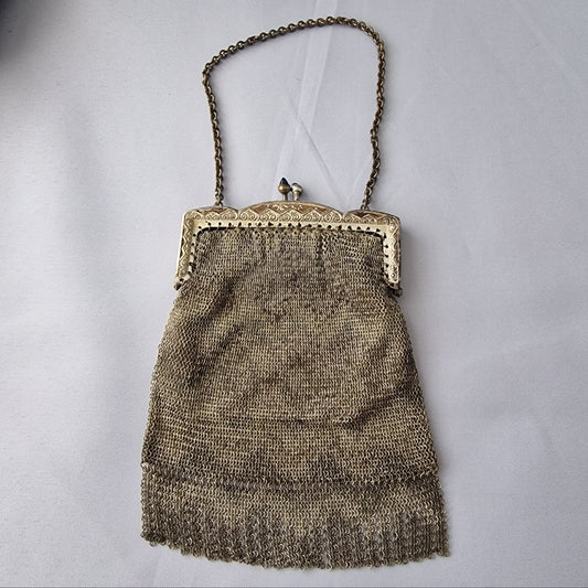 Antique Silver-Tone Metal Mesh Coin Bag Edwardian Chain Handle Blue Stone Clasp