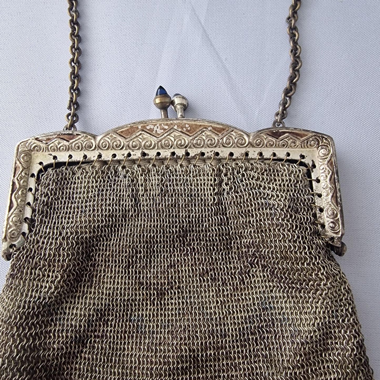 Antique Silver-Tone Metal Mesh Coin Bag Edwardian Chain Handle Blue Stone Clasp – photo 5