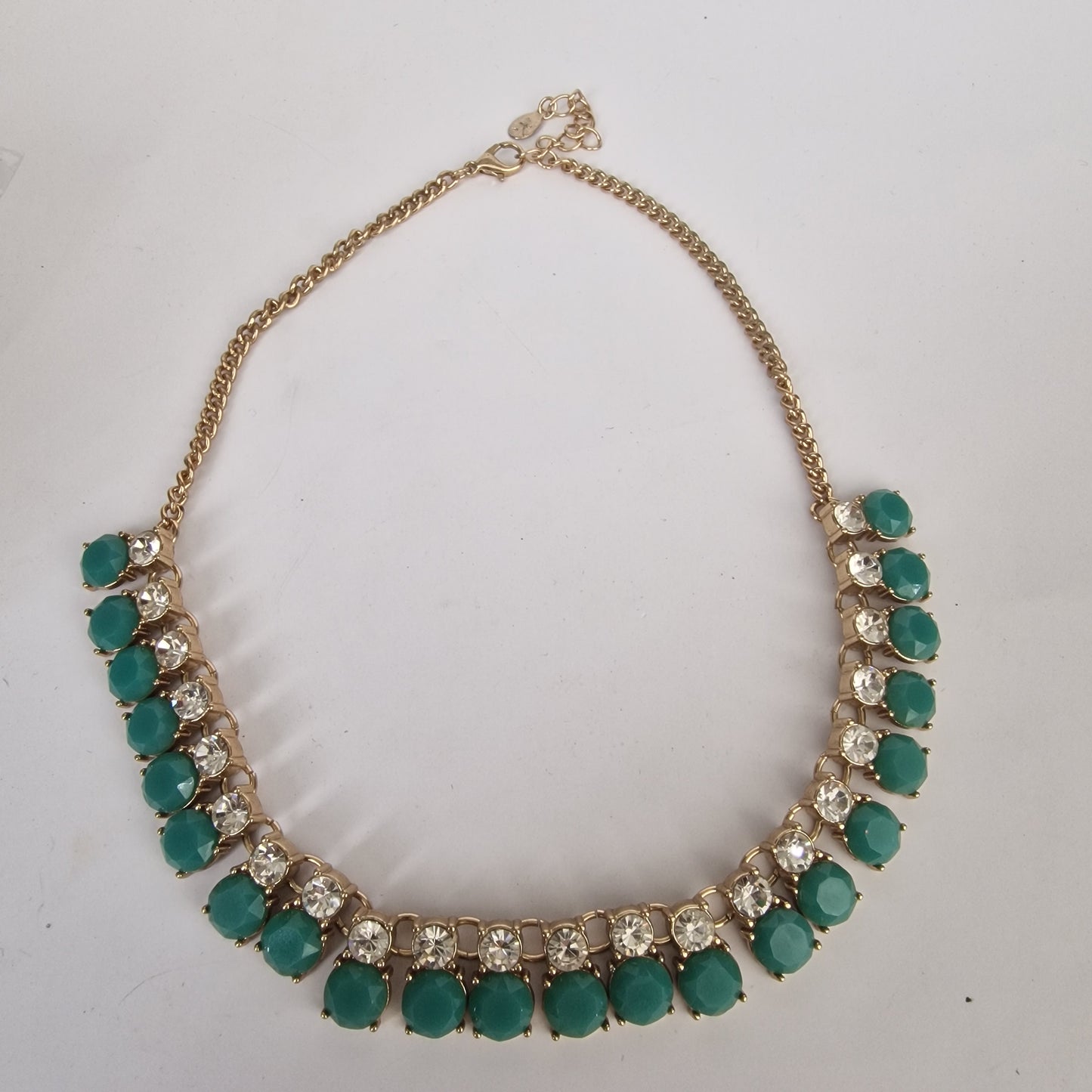 Vintage 1980s Gold-Tone Teal Green Glass Rhinestone Statement Necklace Signed