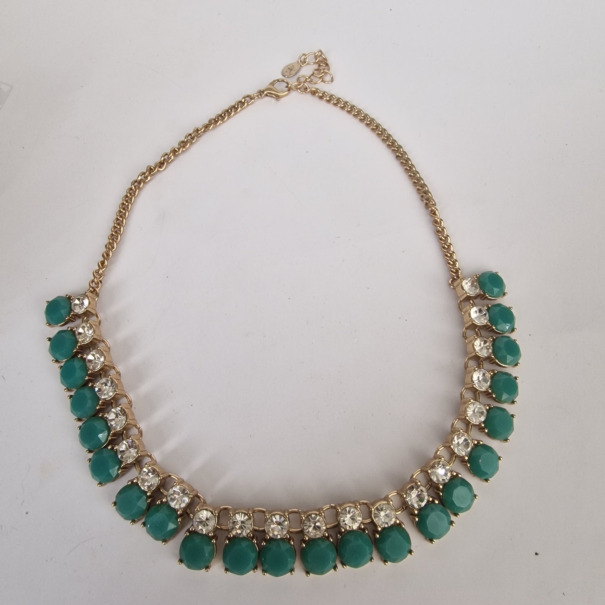 Vintage 1980s Gold-Tone Teal Green Glass Rhinestone Statement Necklace Signed