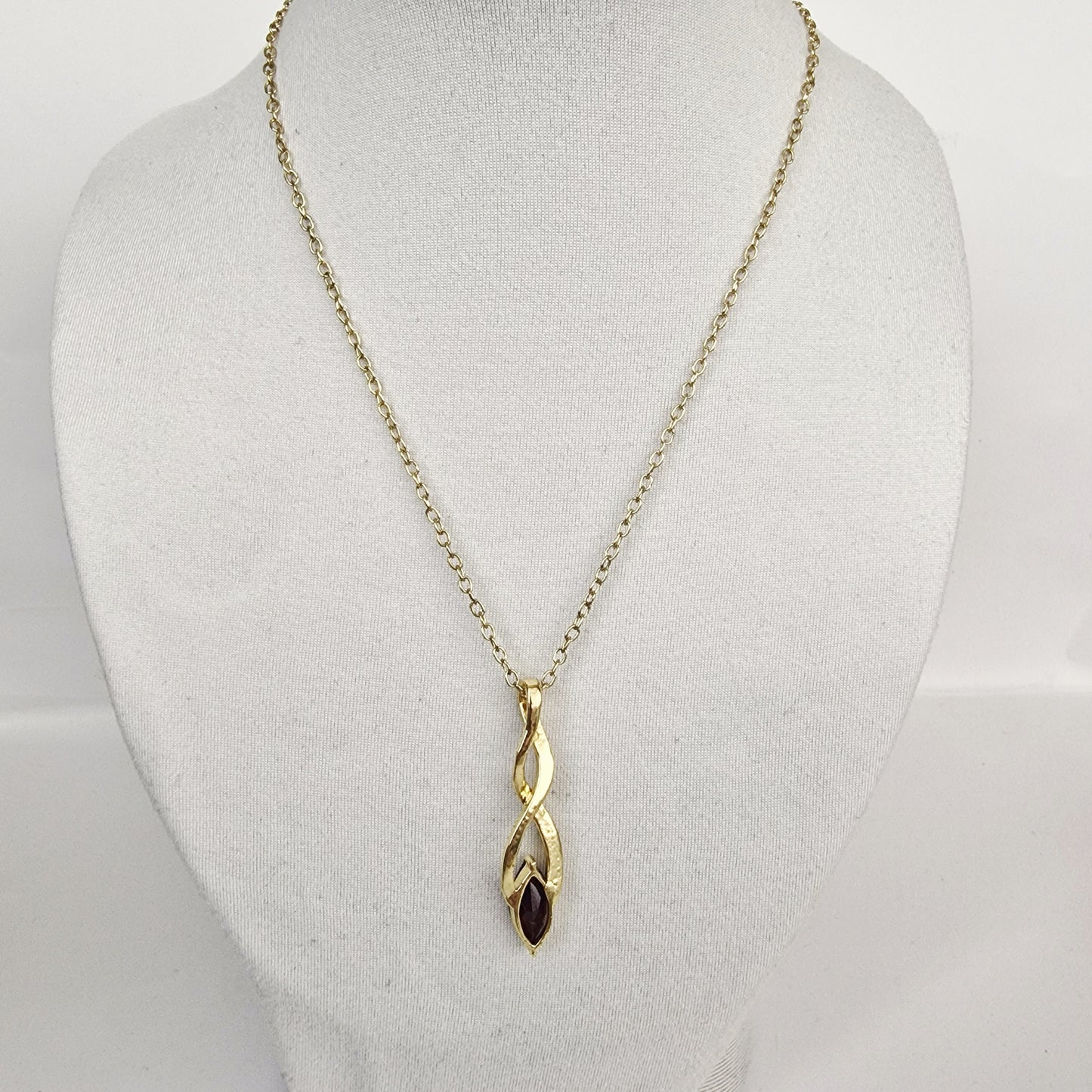 Vintage 1990s Gold-Tone Pendant Necklace Purple Rhinestone Geometric Twist Drop