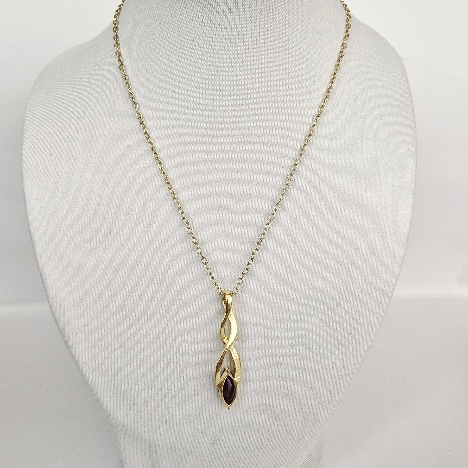 Vintage 1990s Gold-Tone Pendant Necklace Purple Rhinestone Geometric Twist Drop