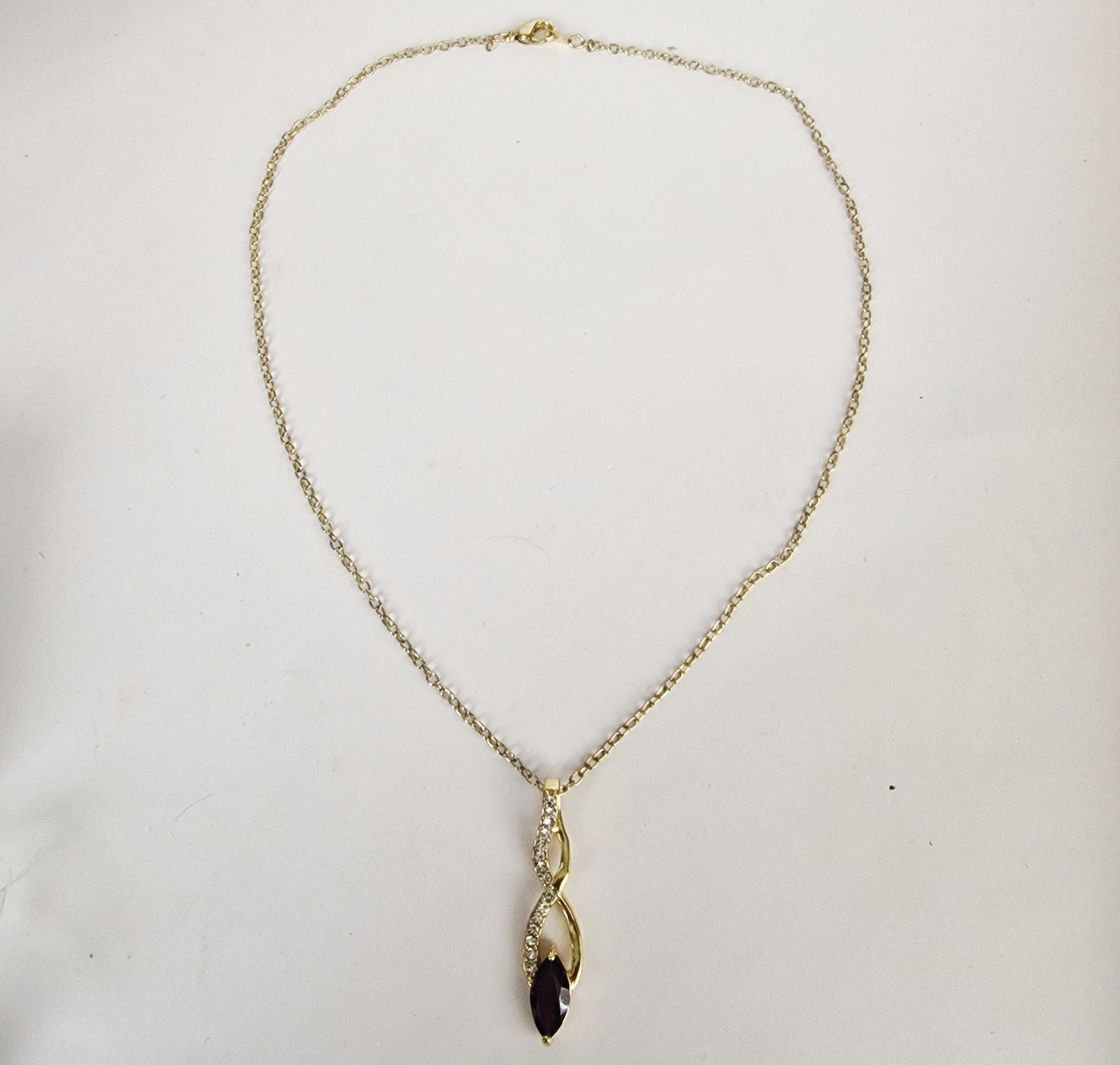 Vintage 1990s Gold-Tone Pendant Necklace Purple Rhinestone Geometric Twist Drop – photo 3