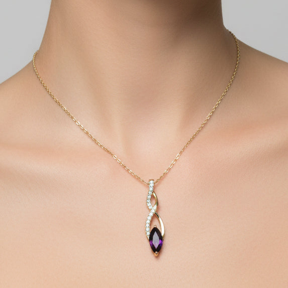 Vintage 1990s Gold-Tone Pendant Necklace Purple Rhinestone Geometric Twist Drop – photo 5