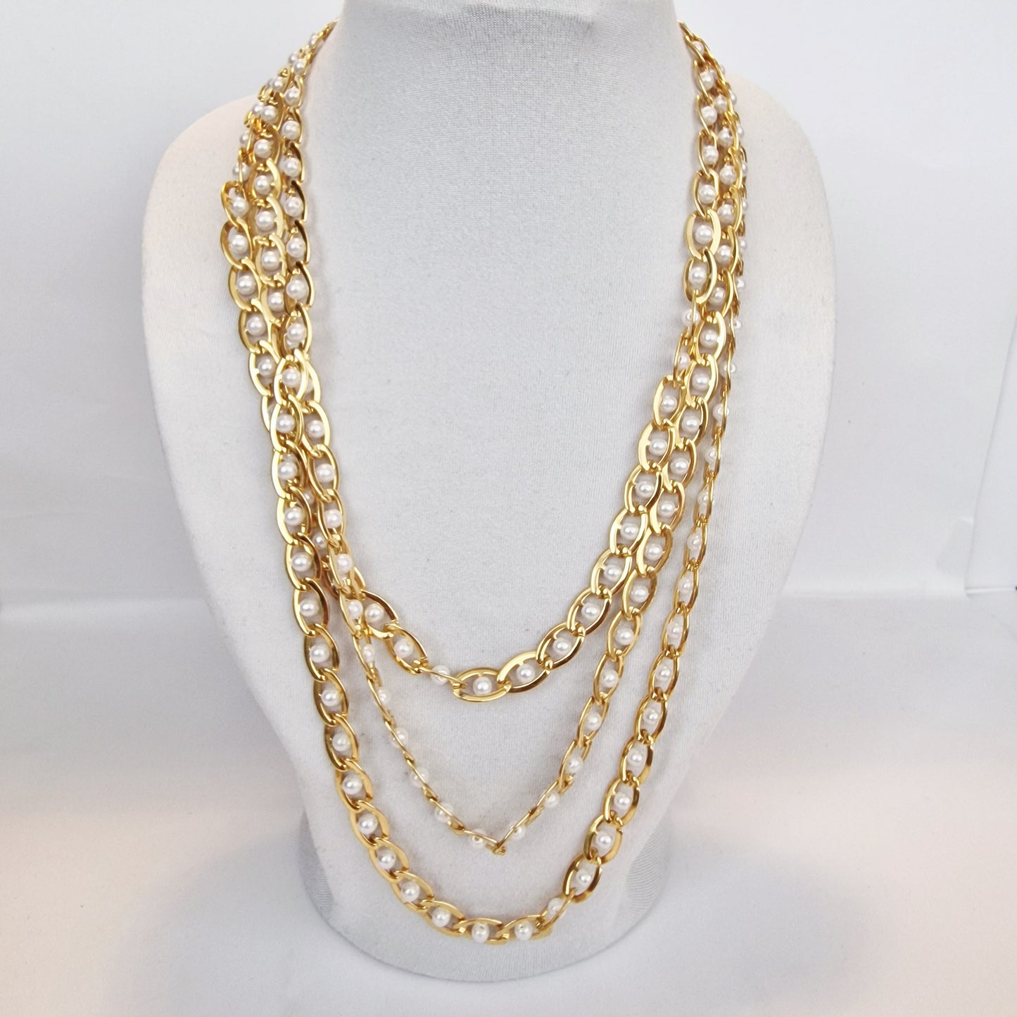 Vintage 1980s Gold-Tone Faux Pearl Chunky Chain Sautoir Rope Necklace Layering