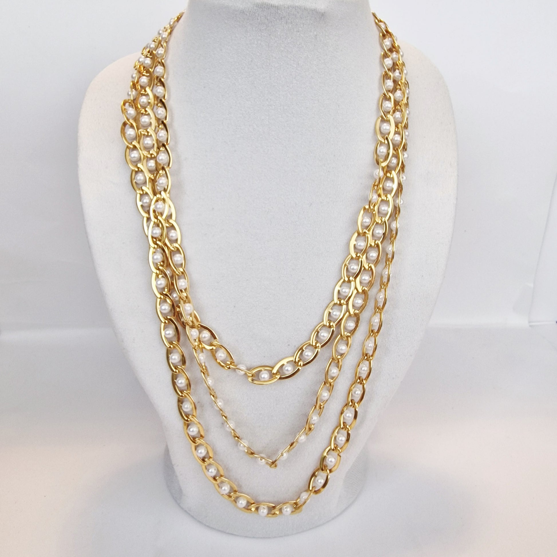 Vintage 1980s Gold-Tone Faux Pearl Chunky Chain Sautoir Rope Necklace Layering