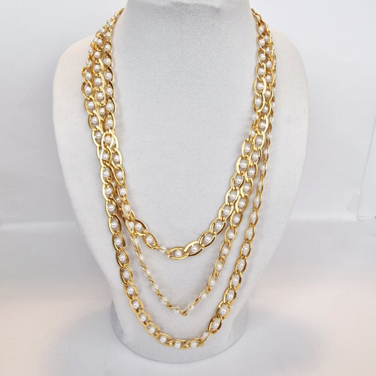 Vintage 1980s Gold-Tone Faux Pearl Chunky Chain Sautoir Rope Necklace Layering