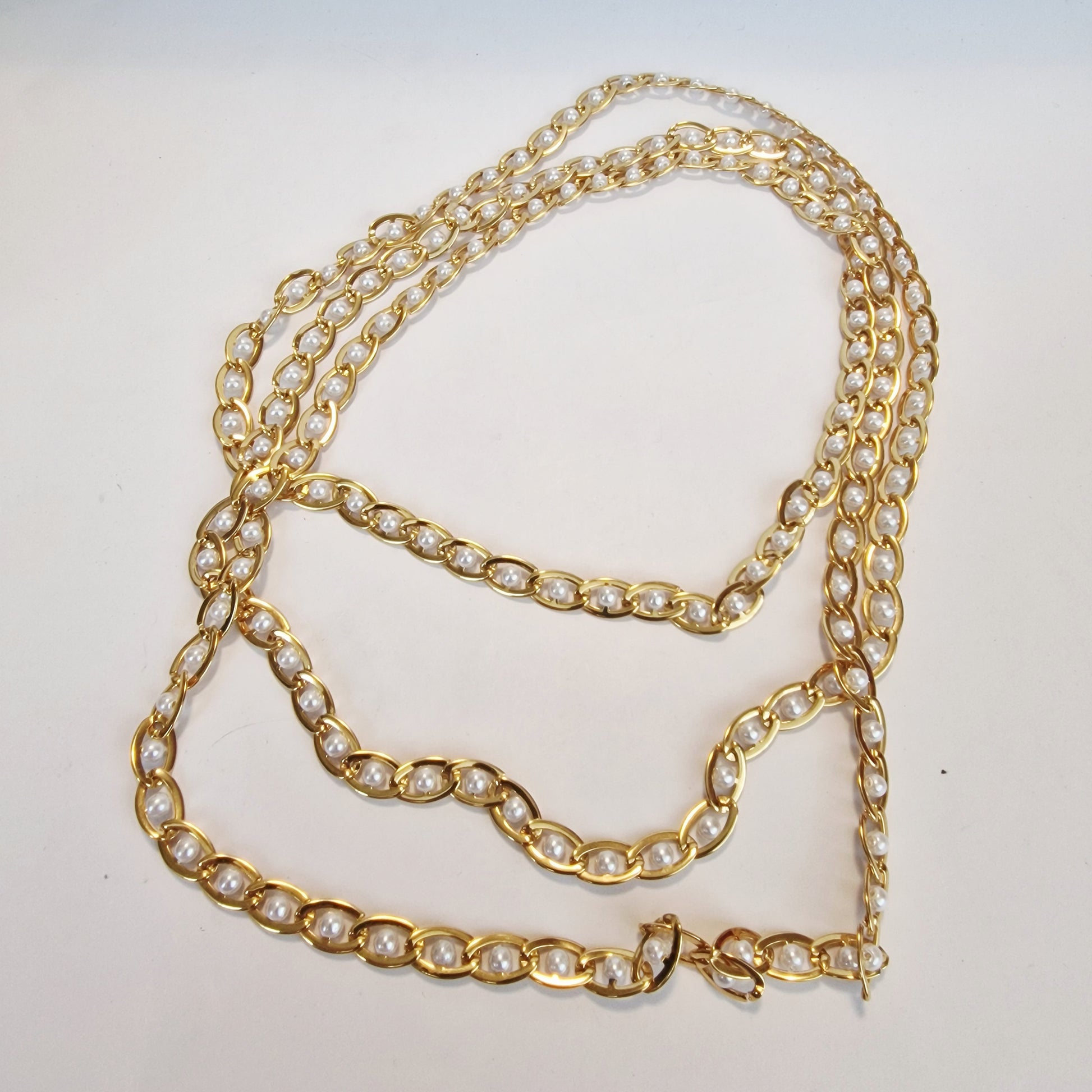 Vintage 1980s Gold-Tone Faux Pearl Chunky Chain Sautoir Rope Necklace Layering – photo 2