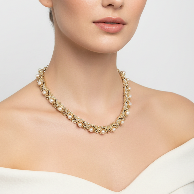Vintage 1970s Gold-Tone Pearl Statement Collar Necklace Botanical Linked Chain