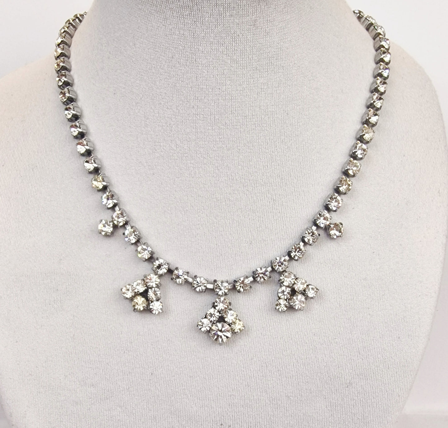 Vintage 1950s Silver-Tone Rhinestone Drop Necklace Geometric Costume Jewellery