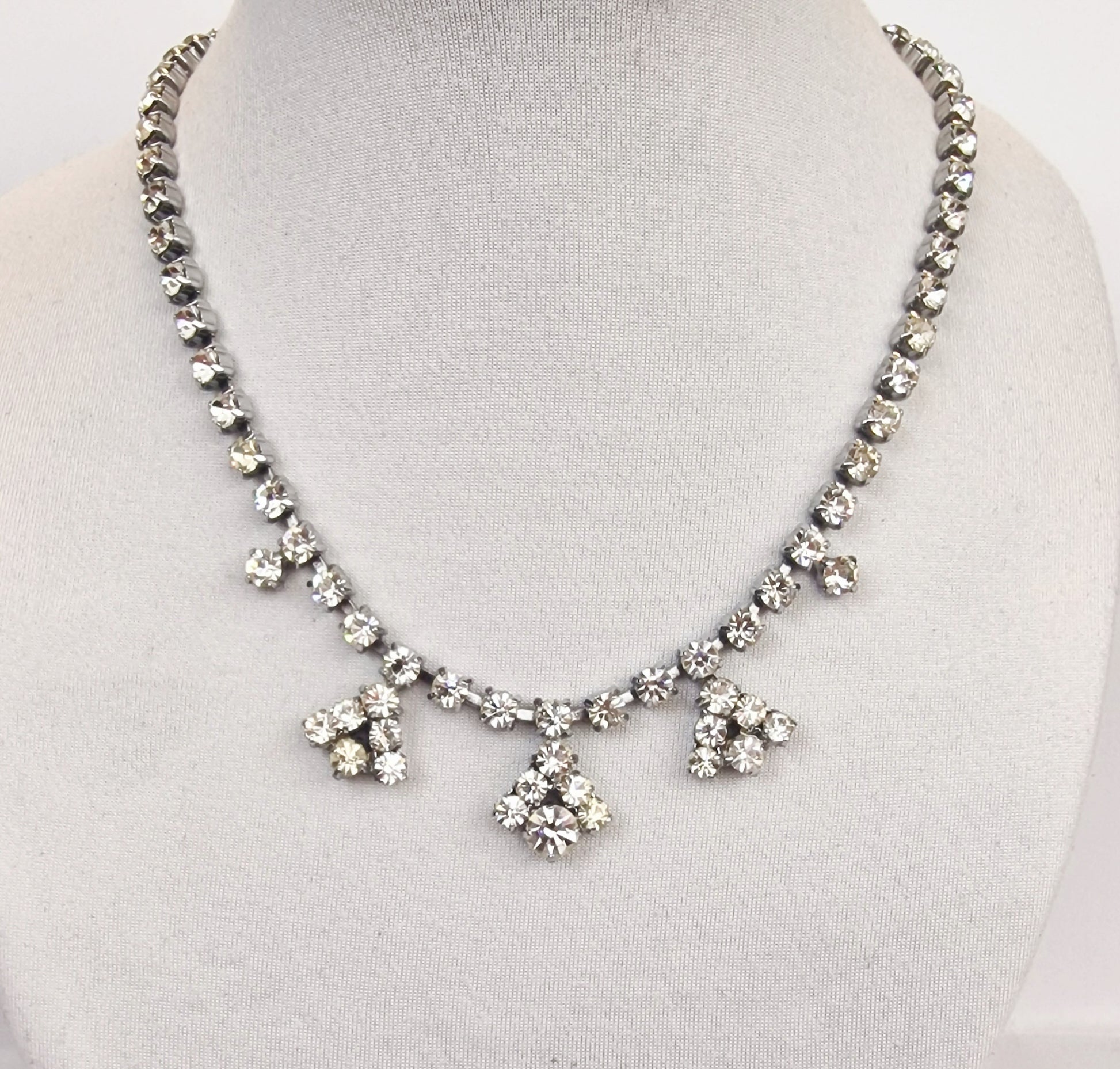 Vintage 1950s Silver-Tone Rhinestone Drop Necklace Geometric Costume Jewellery