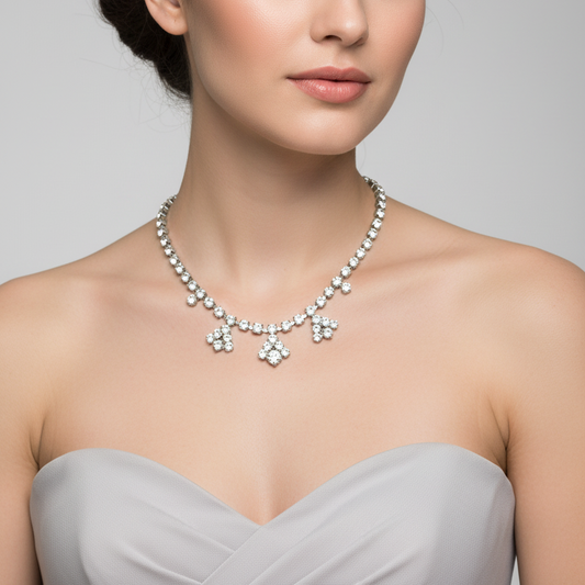 Vintage 1950s Silver-Tone Rhinestone Drop Necklace Geometric Costume Jewellery