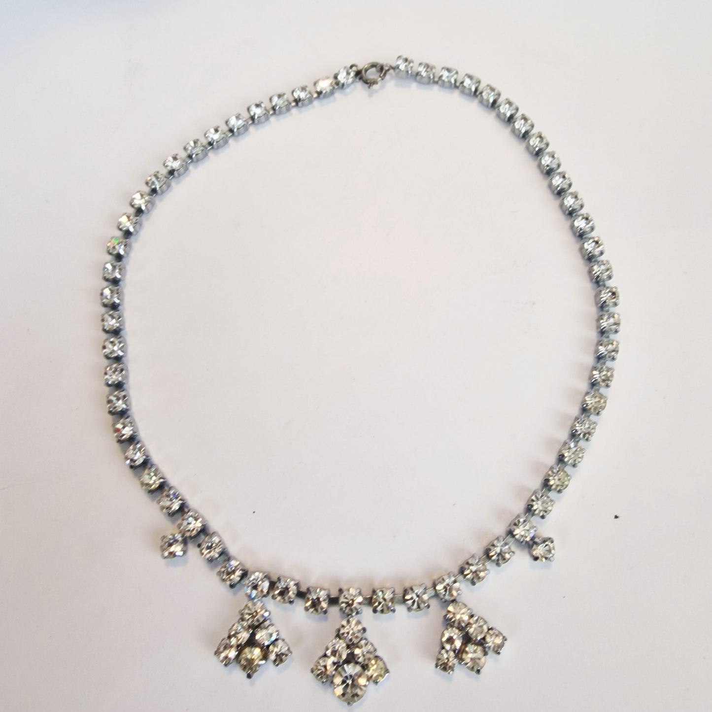 Vintage 1950s Silver-Tone Rhinestone Drop Necklace Geometric Costume Jewellery – photo 3