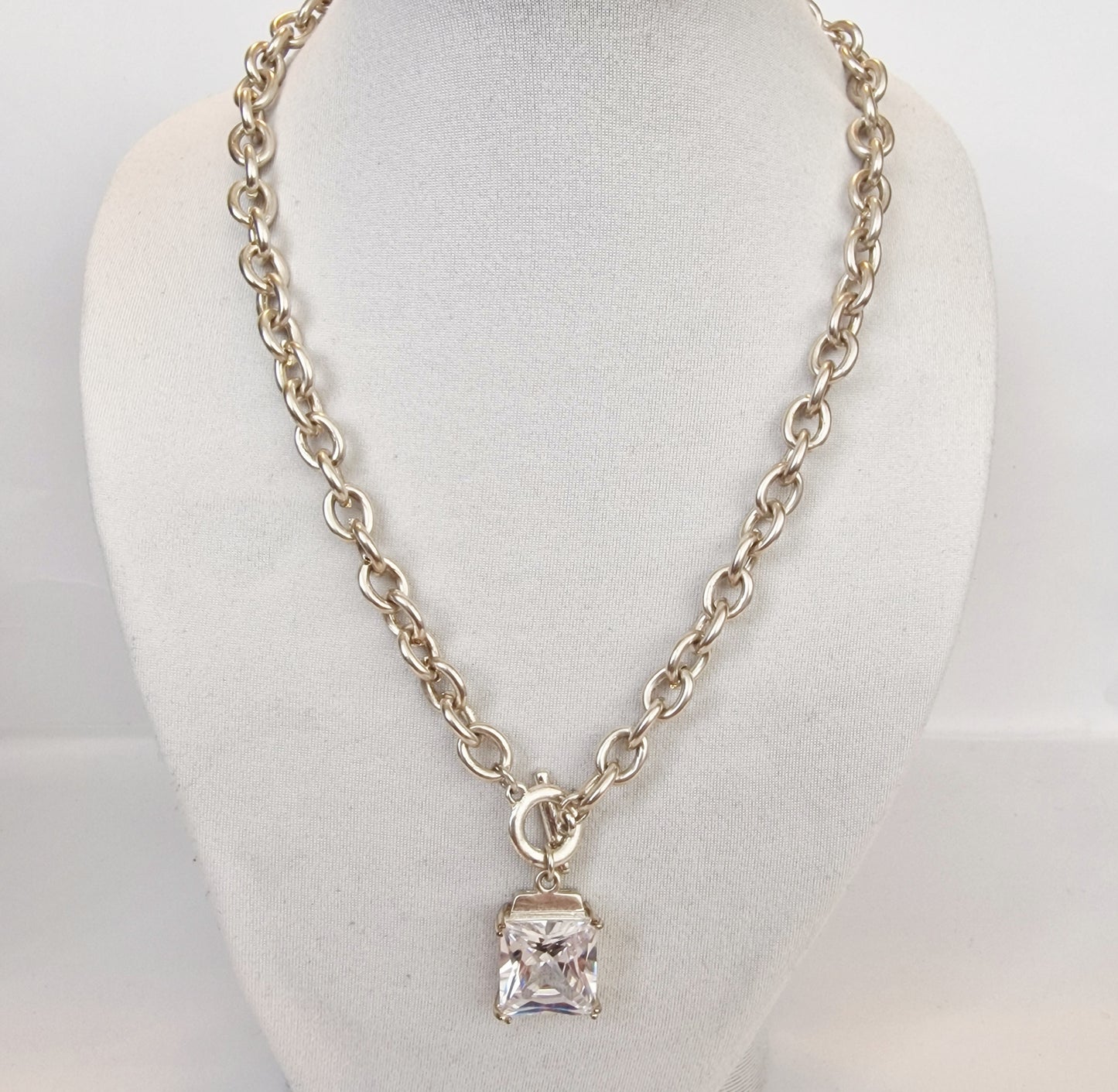 Vintage 1990s Silver-Tone Cable Chain Necklace Square CZ Crystal Toggle Clasp