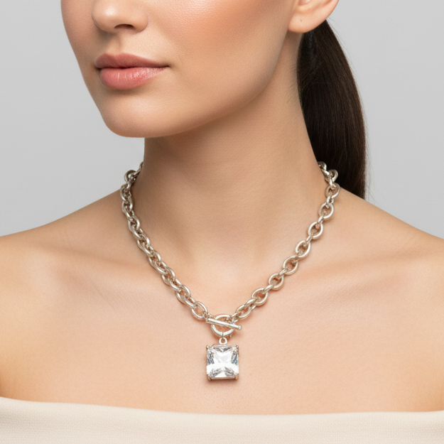 Vintage 1990s Silver-Tone Cable Chain Necklace Square CZ Crystal Toggle Clasp