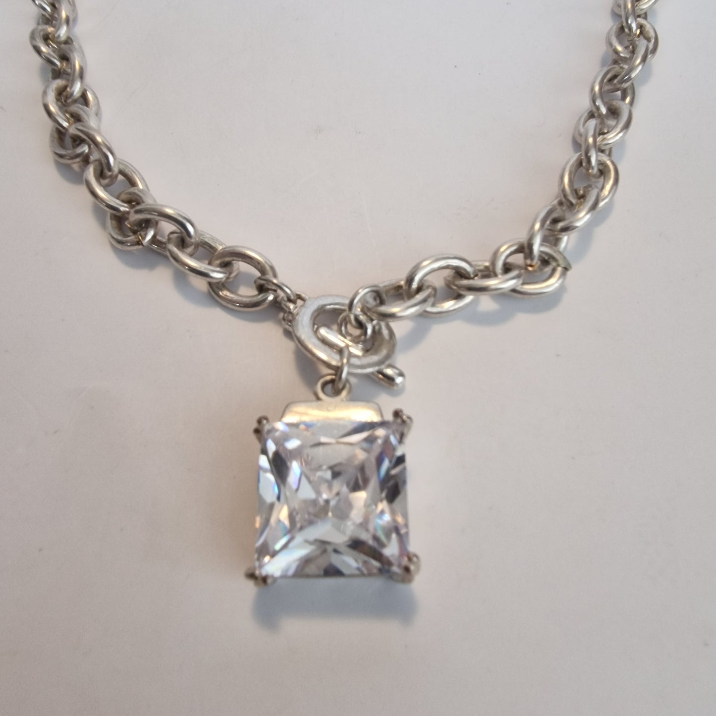 Vintage 1990s Silver-Tone Cable Chain Necklace Square CZ Crystal Toggle Clasp – photo 2