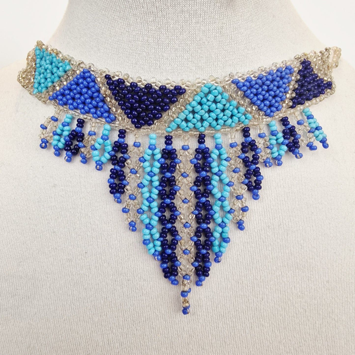 Vintage 1970s Blue Seed Bead Bib Collar Necklace Geometric Chevron Fringe Boho
