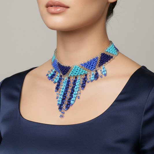 Vintage 1970s Blue Seed Bead Bib Collar Necklace Geometric Chevron Fringe Boho