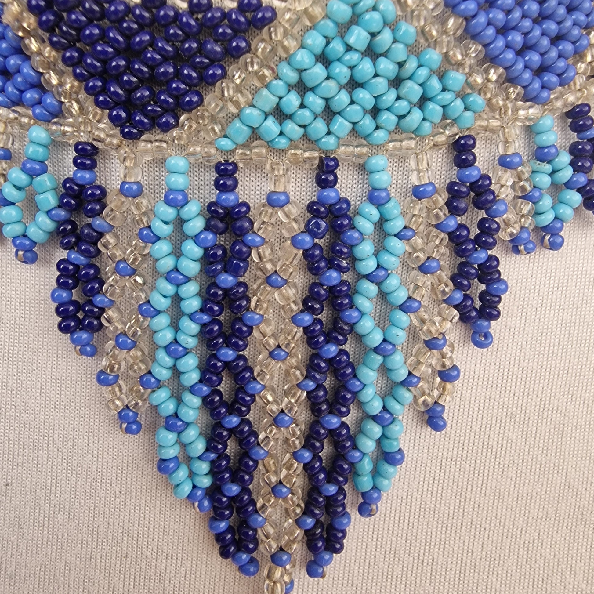 Vintage 1970s Blue Seed Bead Bib Collar Necklace Geometric Chevron Fringe Boho – photo 2