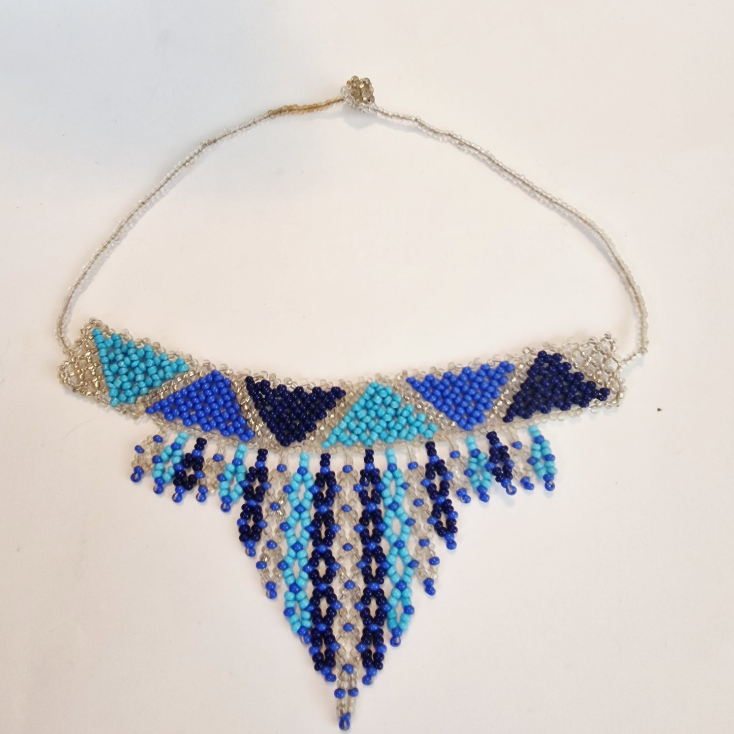 Vintage 1970s Blue Seed Bead Bib Collar Necklace Geometric Chevron Fringe Boho – photo 3