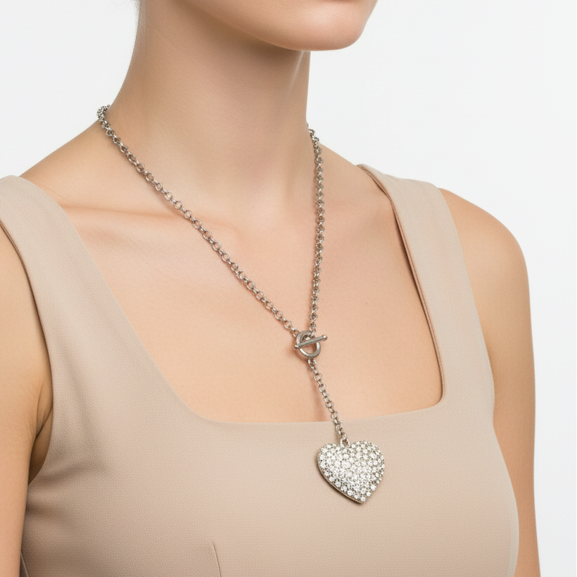 Vintage 1990s Silver-Tone Rhinestone Pave Heart Lariat Pendant Necklace Toggle
